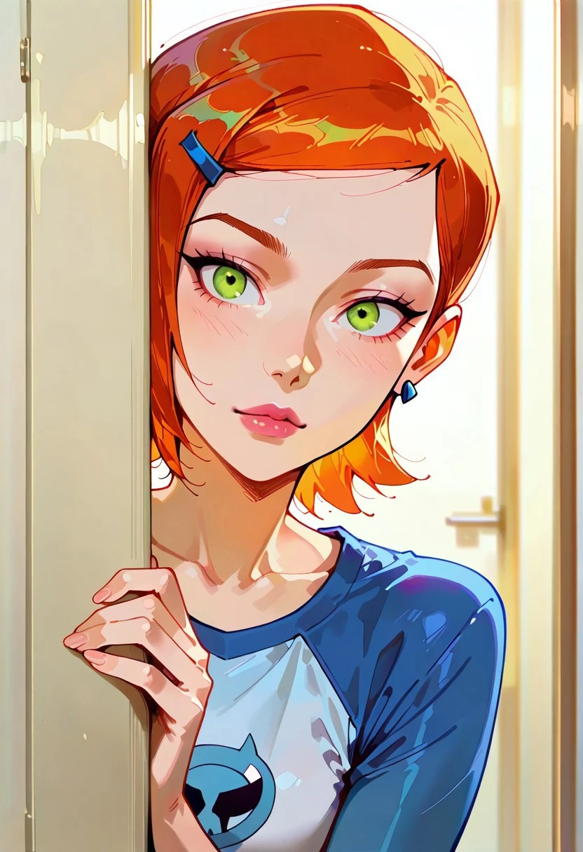 masterpiece, best quality, good quality, very aesthetic, absurdres, newest, 8K, depth of field, focused subject, 1girl, slim, fit, realistic, beautiful eyes, gwen tennyson (/Ben10)/,(ultra HD quality details), bright orange hair, short hair, (green eyes), mouth opened, hiding, focusing on colorful beetle,
peeking out, upper body, hiding behind wall