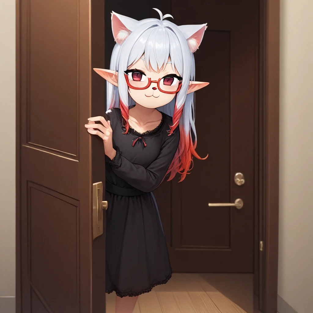black shirt, multicolored hair, door, elf, red-framed eyewear, cat ears, :3, black dress,