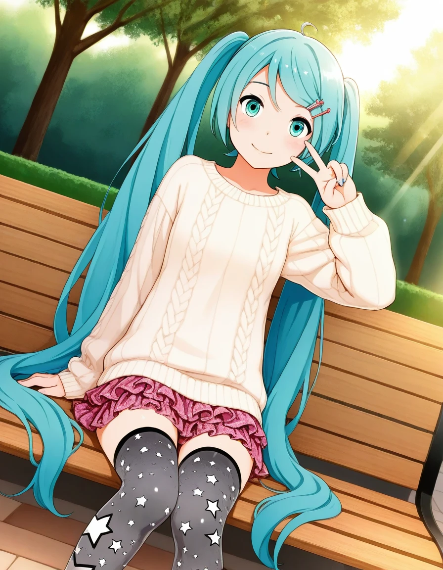 1girl, sitting on a park bench, hairclip, star_print thighhighs, sweater, frills, skirt, hatsune miku, dutch angle, sunlight, v,
<lora:inoue_kiyoshirou_style_illustrious_v1_t1:.7>