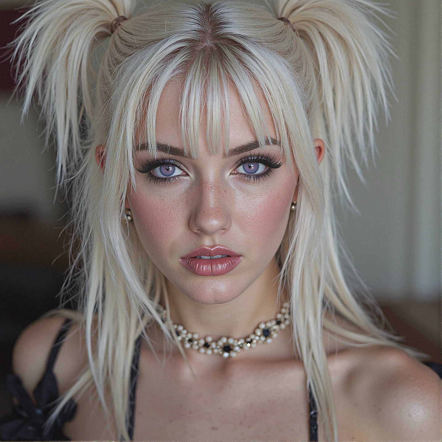 Breathtaking over the shoulder shot photography of ohwx looking at viewer, sensual lips, eyelashes, fine hair detail, perfect big sexy and detailed purple eyes, gothic eyes makeup, white fluffy tied hair style with bangs from the 90s, (big fluffy buns hairstyle:1.5), (perfectly sharp:1.2), realistic textures, (deep focus, focus on background:1.2), 8k uhd, dslr, ultra high quality image, film grain, Fujifilm XT3
