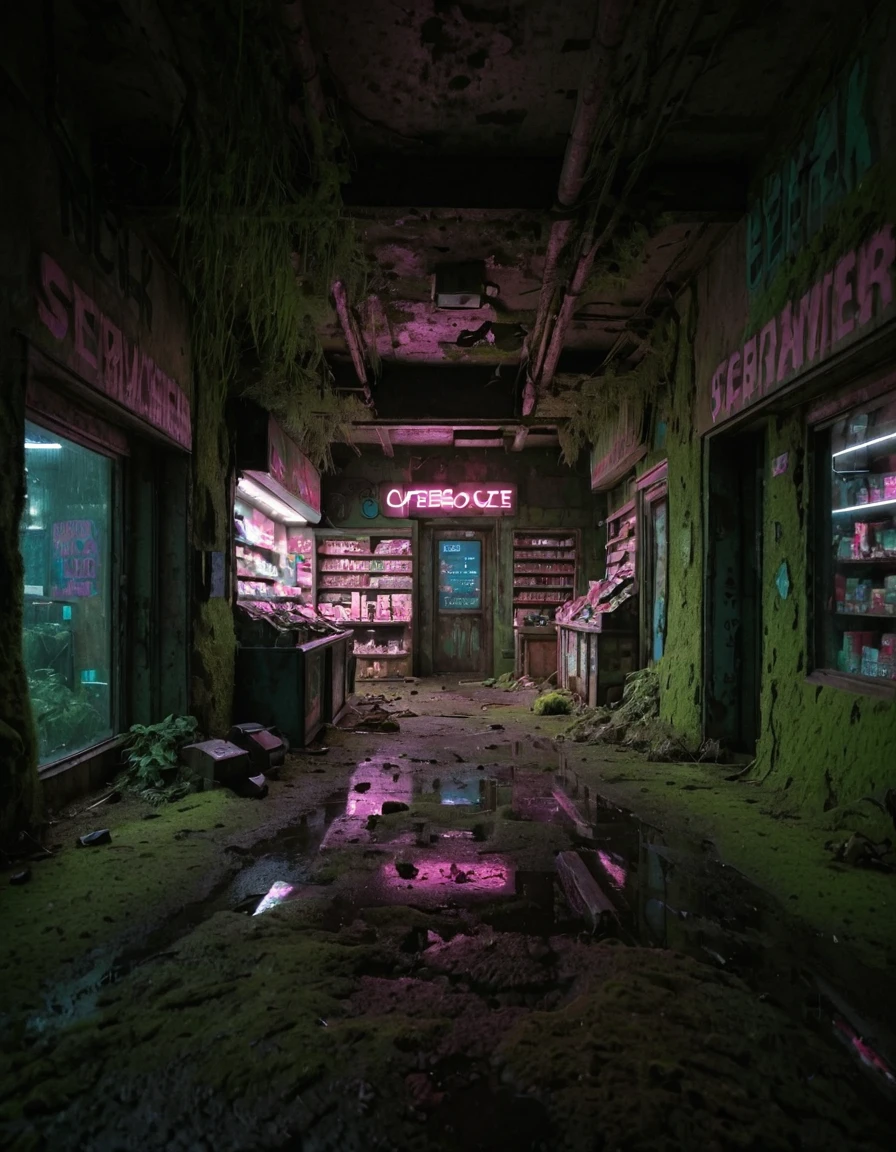 <lora:City_Worlds_02__Lost_-_City_2:1> cw02lost, inside abandonned store, wet, vegetation, moss, window