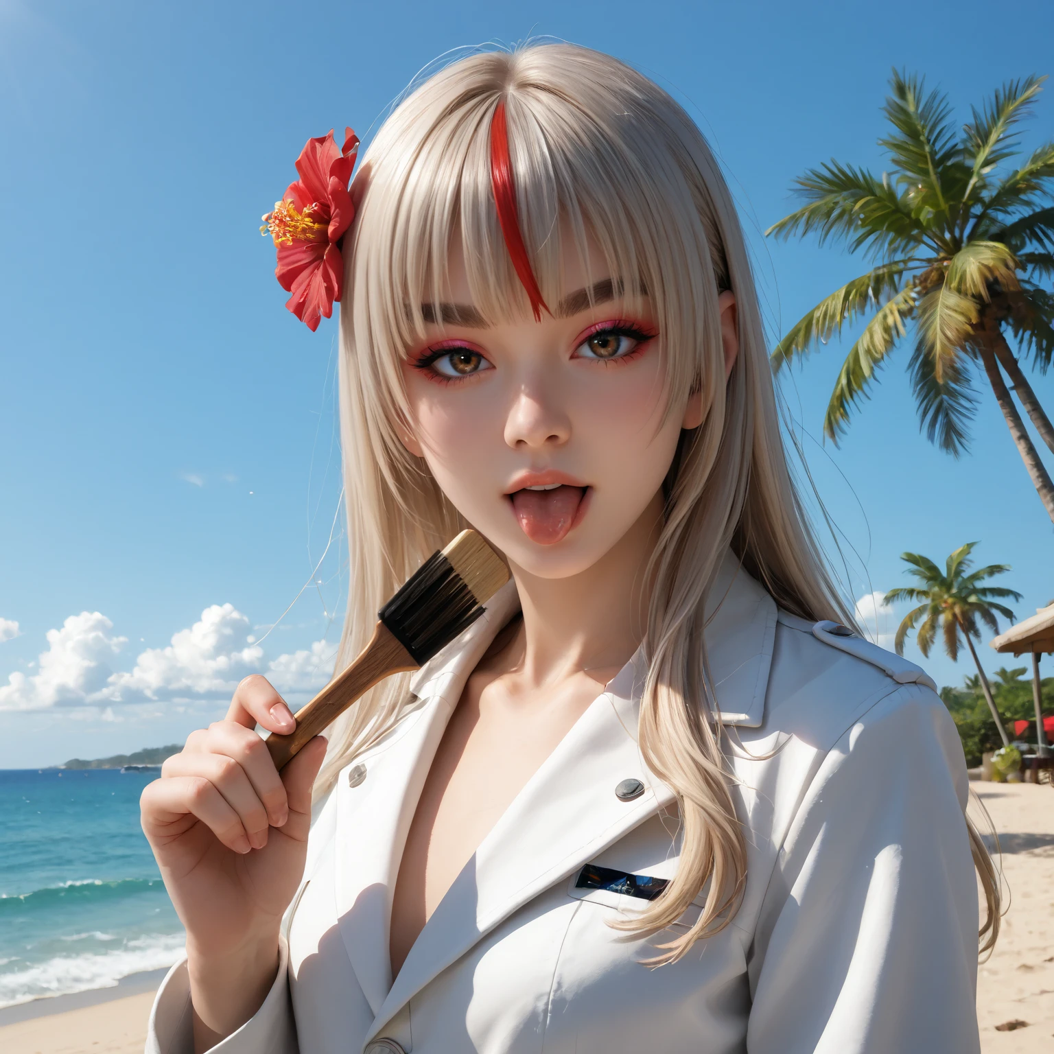 masterpiece,best quality,amazing quality,absurdres,aesthetic,newest,
nanami \(doa\), 1girl, solo,long hair, streaked hair, bangs, hair over eyes, hair on shoulders,tongue_out,
fanning self,
thick eyebrows,blue_eyeshadow, red_eyeliner,makeup,makeup_brush,
looking at viewer, hair flower,white_coat,
sky,palm tree,
