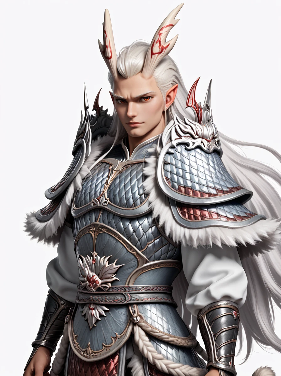 3d,(zPDXL3),male focus,handsome,1man,red eyes,long white hair,(sidelocks:1.2),horns,pointy ears,simple background,white background,armor,fur trim,close-up,