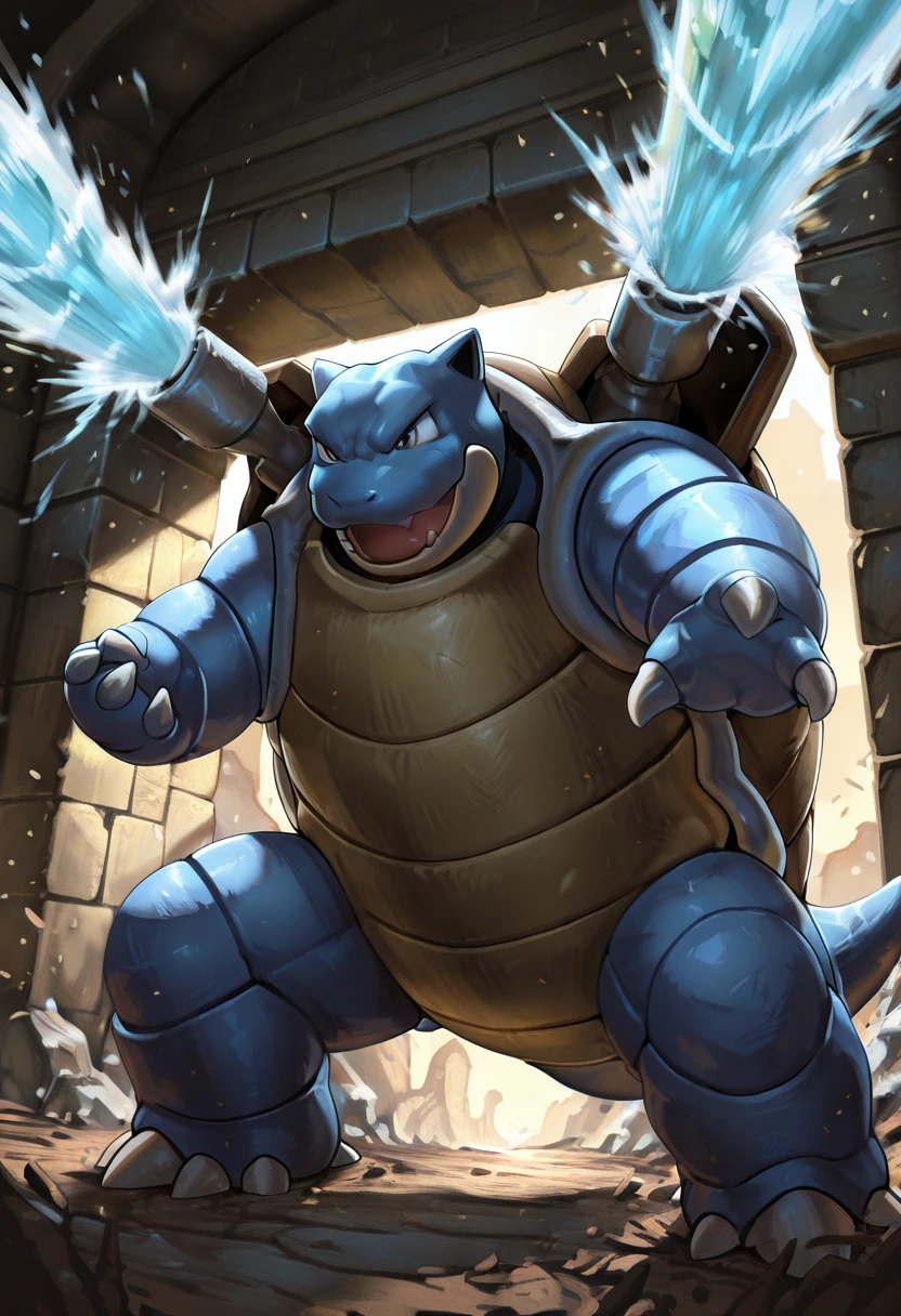 masterpiece, best quality, no humans, ,<lora:BlastoisePokedexIXL:1.0>, zzBlastoise, clad in medieval knight armor, massive water cannons mounted on its shell, ready for battle, ancient stone castle in the background, dramatic lighting, sword in hand, mighty warrior pose, powerful stance, armored shell glistening in the sunlight
