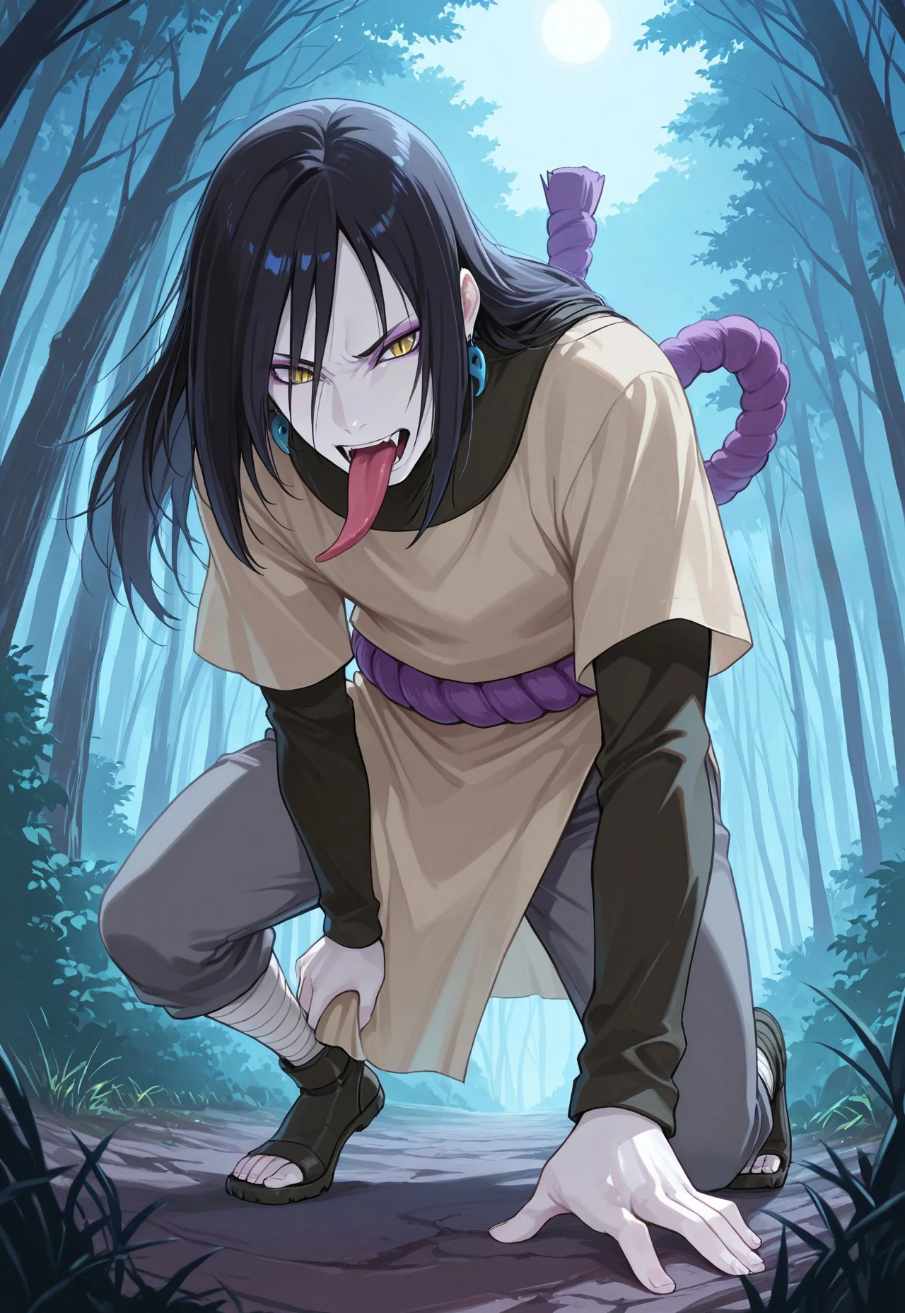 masterpiece, best quality, very aesthetic, NRTO_Orochimaru, 1boy, solo, male focus, black hair, long hair, yellow eyes, slit pupils, white skin, purple eyeliner, magatama earrings, beige shirt, layered sleeves, short over long sleeves, purple rope belt, shimenawa, grey pants, beige pelvic curtain, leg wrap, black shoes, toeless footwear, long tongue, open mouth, fangs, dynamic pose, perspective, forest
