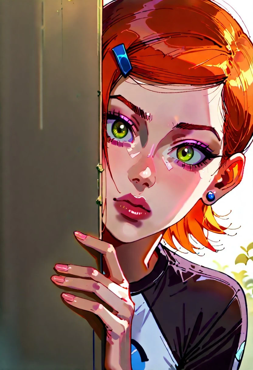 masterpiece, best quality, good quality, very aesthetic, absurdres, newest, 8K, depth of field, focused subject, 1girl, slim, fit, realistic, beautiful eyes, gwen tennyson (/Ben10)/,(ultra HD quality details), bright orange hair, short hair, (green eyes), mouth opened, hiding, focusing on colorful beetle,
peeking out, upper body, hiding behind wall