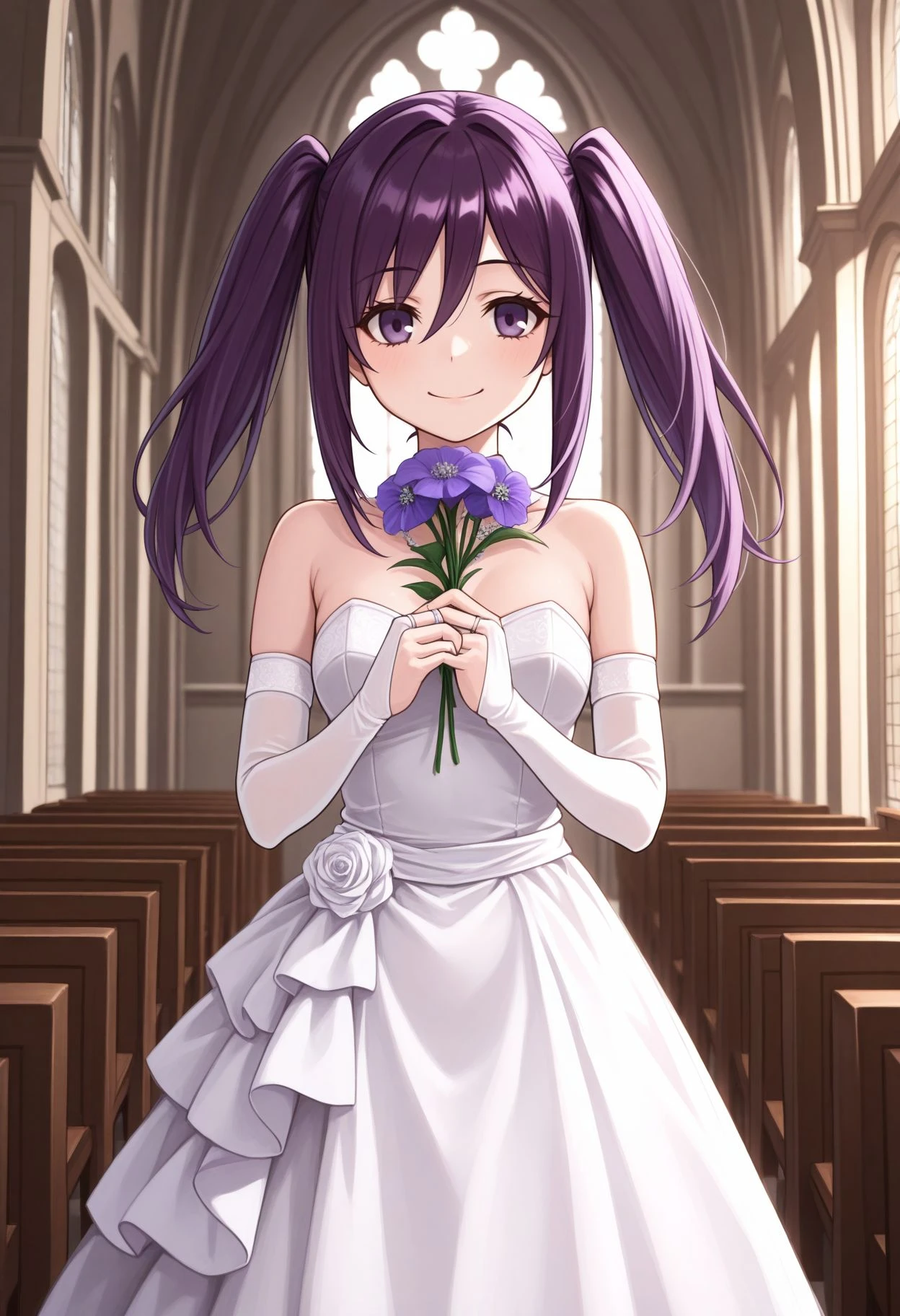 masterpiece, best quality, high resolution, absurdres, dress, bridal gauntlets, strapless dress, wedding dress, white dress, simple background, indoor, church, holding flower, smile
<lora:Mitori Illu:1> mkdef, 1girl, long hair, purple eyes, purple hair, twintails,