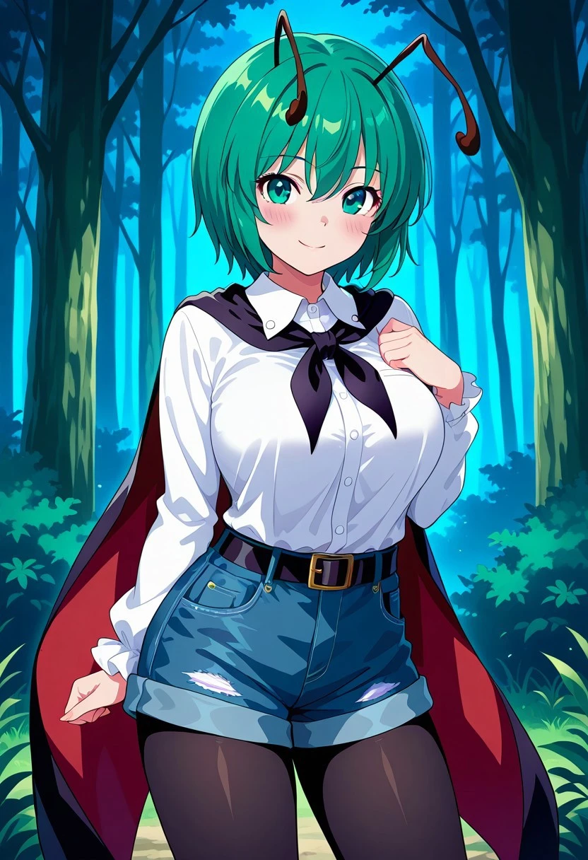 fusu style, ((forest)), ((night time)), blush, ((looking at viewer)), ((standing)), ((posing)), (1girl), ((solo)), ((large breasts)), ((wriggle nightbug)), smile, green hair, short hair, hair between eyes, green eyes, antennae, shirt, white shirt, cape, black cape, long sleeves, collared shirt, red cape, two-sided cape, antennae, denim shorts, black belt, two-sided fabric, ((black pantyhose))