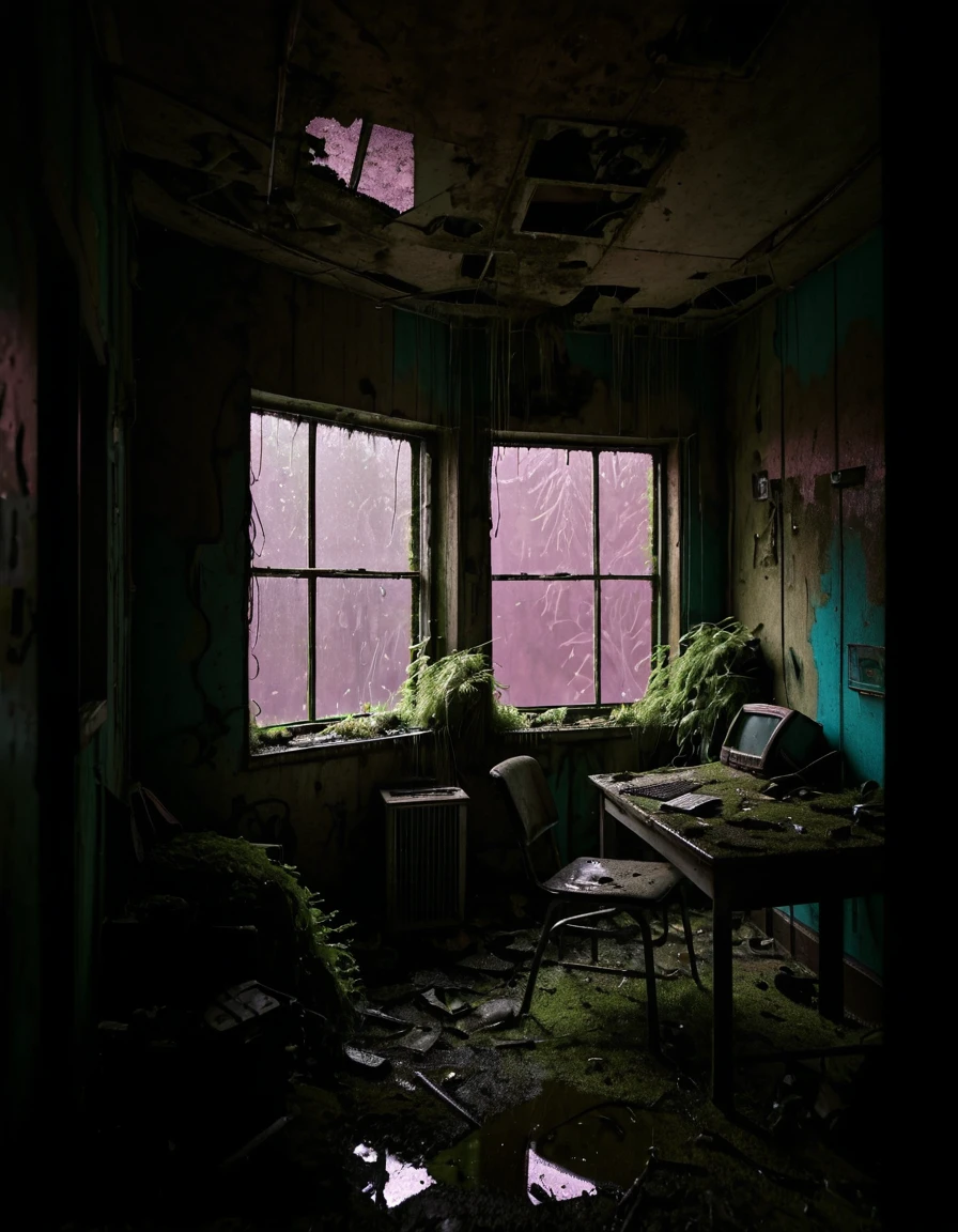 <lora:City_Worlds_02__Lost_-_Home:1> cw02lost. abandoned appartment, abandoned room, from side, wet, vegetation, windows, desk, chair
