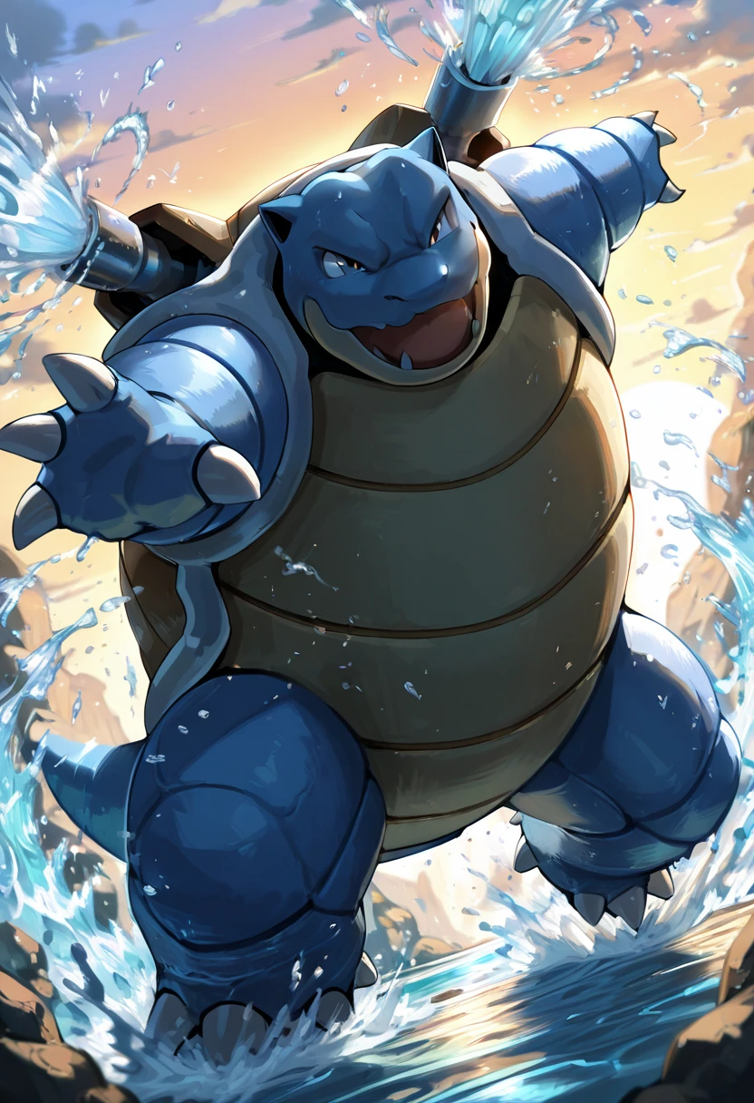 masterpiece, best quality, no humans, ,<lora:BlastoisePokedexIXL:1.0>, zzBlastoise, leaping out of the water, giant water jets propelling it into the air, powerful splash, dramatic backlighting from the sun, water splashing everywhere, strong and dynamic pose, muscular frame, with cannons charging up for an attack