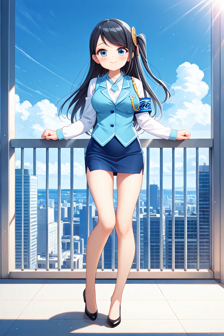 <lora:KRTGirlsXiaoQiong:1>, 1girl, solo, full shot, long hair, black hair, one side up, blue eyes, medium breasts, swept bangs, long sleeves, pencil skirt, armband, blue vest, uniform, blue skirt, hair ornament, white shirt, collared shirt, miniskirt, high heels, bare legs, necktie, thighs, in front of harbor, modern east asia city, sky, sunlight, cloud, modern east asia style cityscape, blush, embarrassed, looking at viewer, smile, seduce, â¡, cute pose, beautiful sunlight effect, one skyscraper background