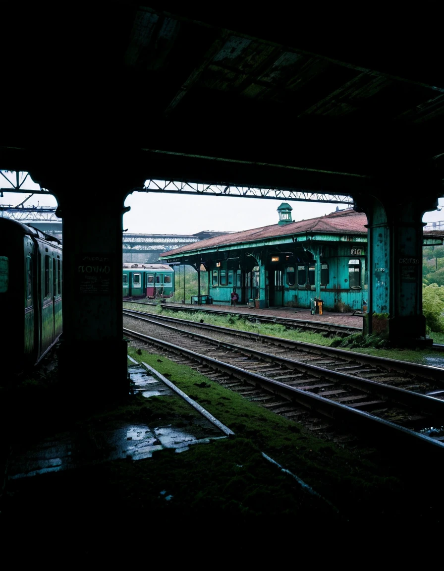 <lora:City_Worlds_02__Lost_-_City_3:1> cw02lost. abandonned train station, from side