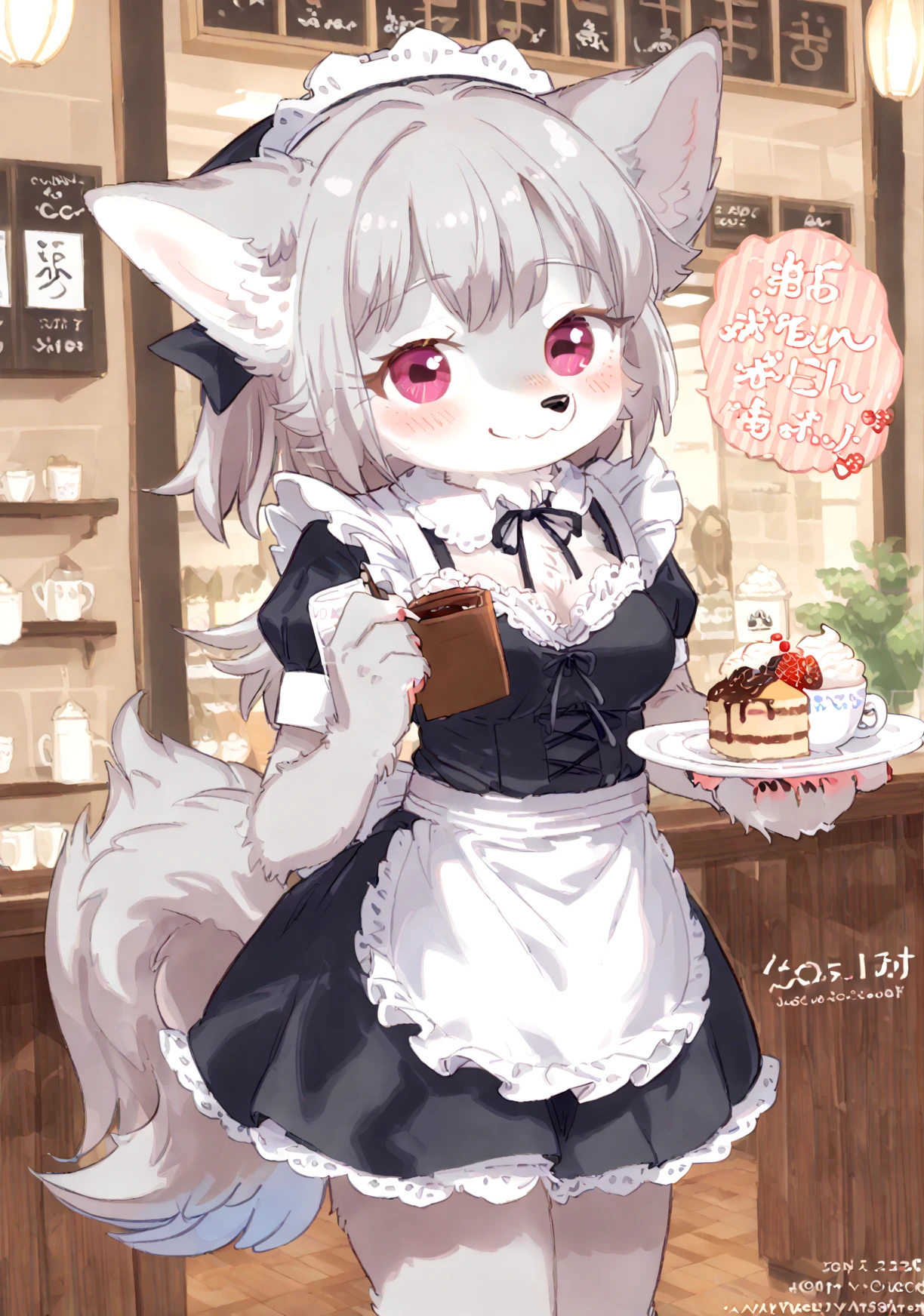 light gray fur,medium breasts,furry,NSFW,feet,(petite:1.1),blush,<lora:mabo-000033:1>,wolf_girl,maid,cafe,teasing_smile,holding_plate,