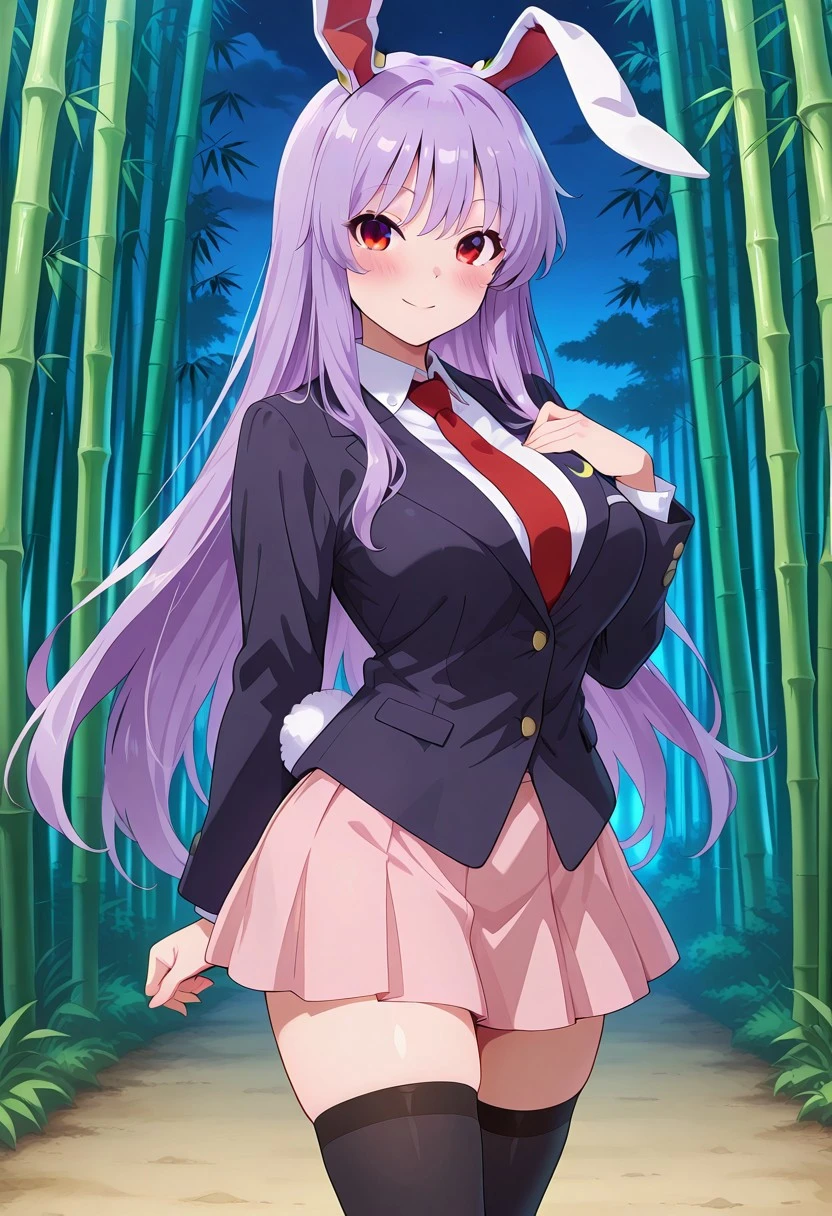 fusu style, ((bamboo forest)), ((night time)), ((blush)), ((looking at viewer)), ((standing)), ((posing)), (1girl), ((solo)), ((large breasts)), rabbit tail, ((reisen udongein inaba)), smile, purple hair, long hair, rabbit ears, red eyes, black vest, long sleeves, white shirt, red necktie, pink skirt, loose socks, blazer, ((black thighhighs))