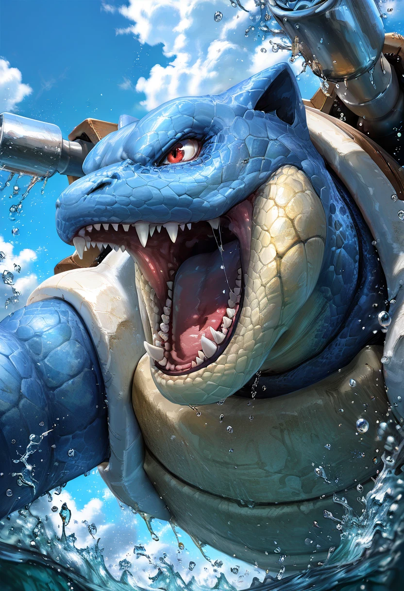 masterpiece, best quality, no humans, ,<lora:BlastoisePokedexIXL:1.0>, zzBlastoise, open mouth, red eyes, sky, teeth, day, cloud, water, fangs, sharp teeth, water drop, realistic, scales
