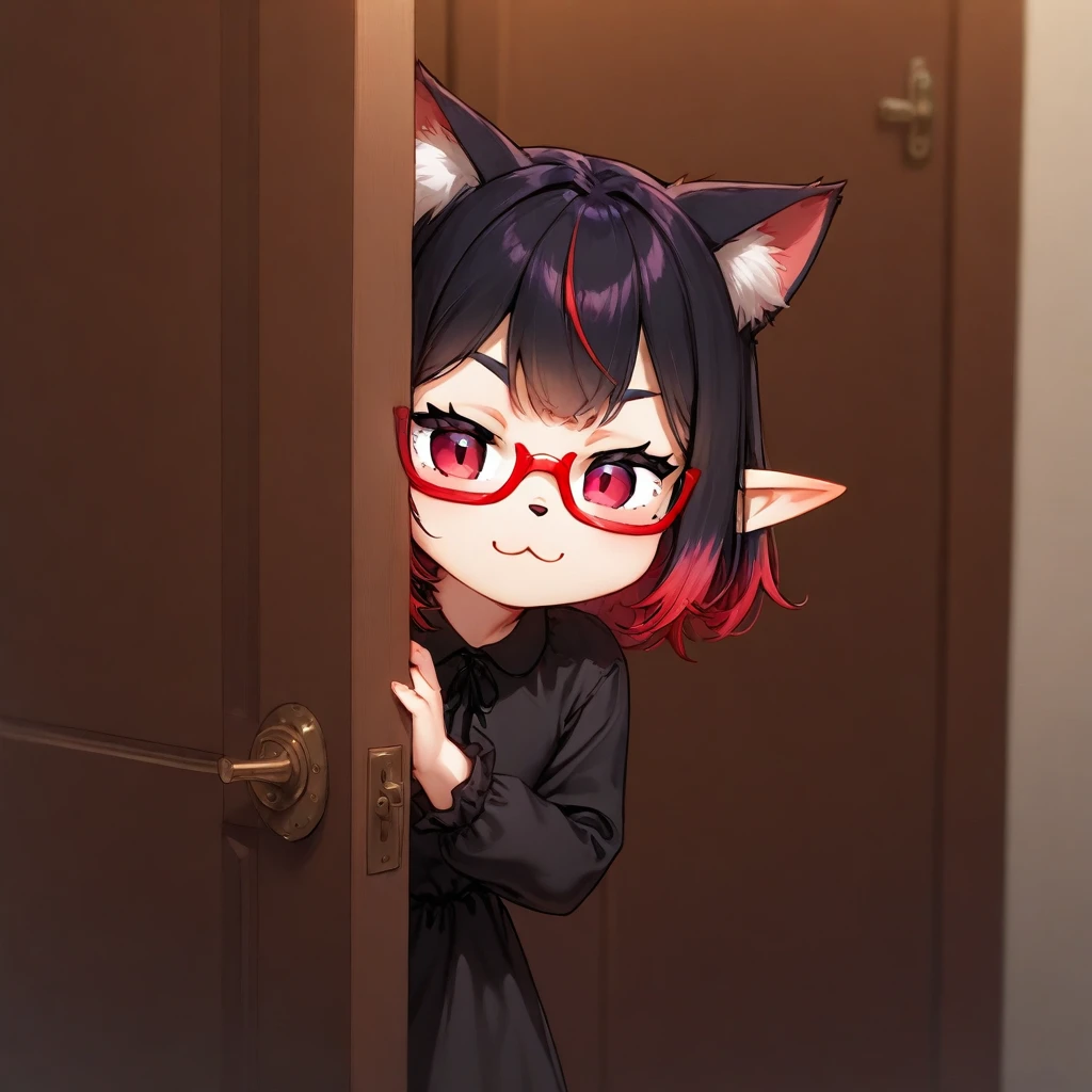 black shirt, multicolored hair, door, elf, red-framed eyewear, cat ears, :3, black dress, 