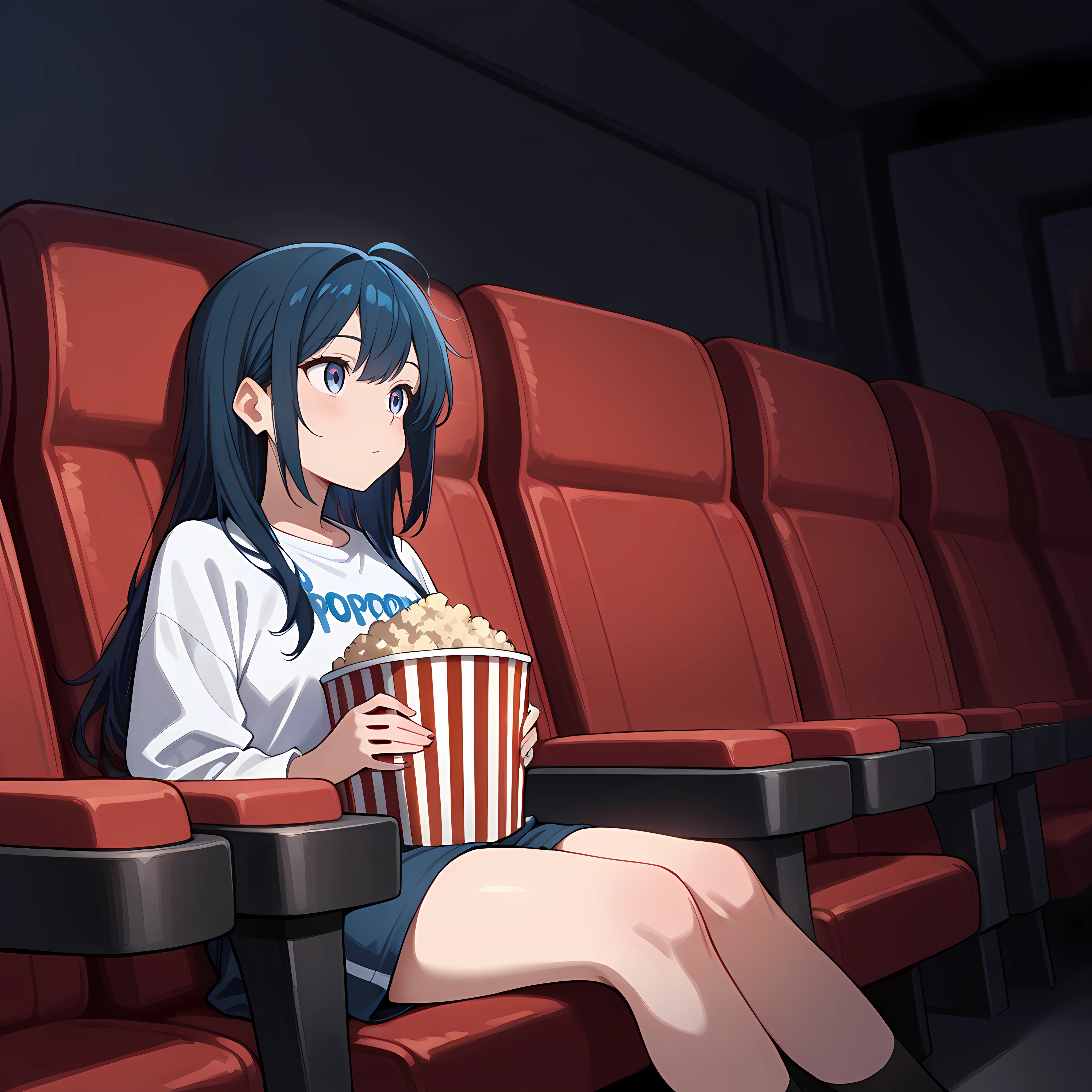 Masterpiece, newest, perfect quality, best quality, 1girl, solo, movi3theater, sitting, popcorn, red seats, dark room