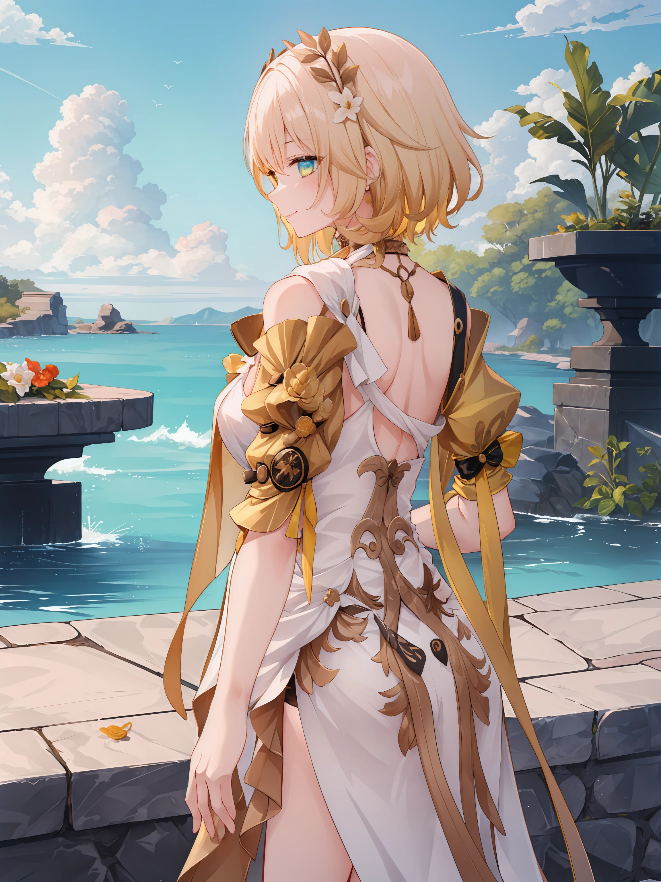 ((masterpiece,best quality)), 1girl, aglaea, aglaea, laurel crown, detached sleeves, crossed arms, smile, from behind, outdoors,