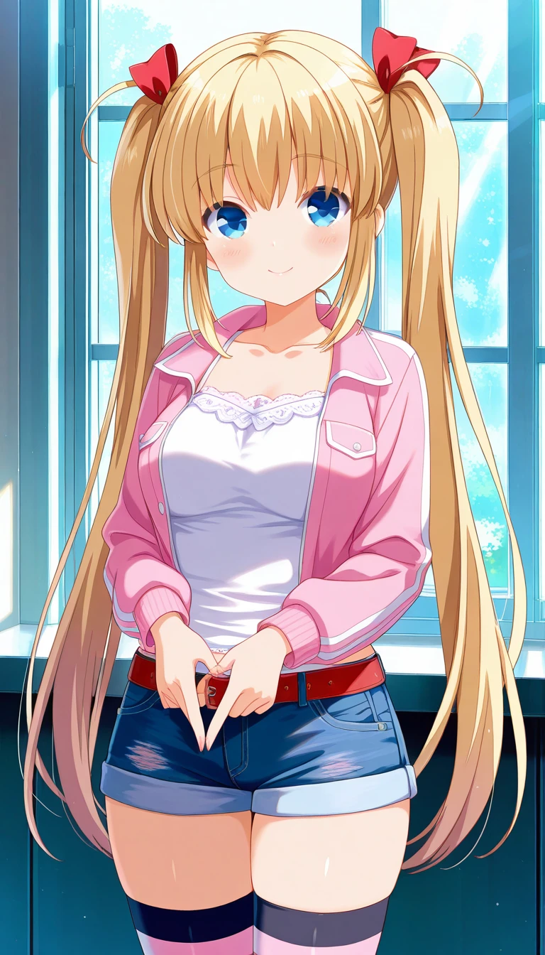 (masterpiece),best quality,amazing quality,very aesthetic,absurdres,newest,perfect body,shiny skin,perfect eyes,detail1eye,well-defined fingers,well-defined fingernails,anime style,indoors,1girl,solo,cowboy shot,upper body,(portrait:1.5),looking at viewer,facing viewer,smile,blush,Qp Flapper style,Airi Akizuki,ahoge,very long hair,blonde hair,high twintails,hair ribbon,red ribbon,bangs,blue eyes,collarbone,pink jacket,white camisole,long sleeves,medium breasts,red belt,denim shorts,shorts rolled up,zettai ryouiki,two-tone thighhighs,pink thighhighs,black thighhighs,striped thighhighs,sneakers,<lora:Airi Akizuki(oc)-Illus:1.6>,<lora:Qp Flapper[style]-Illus:1.6>,