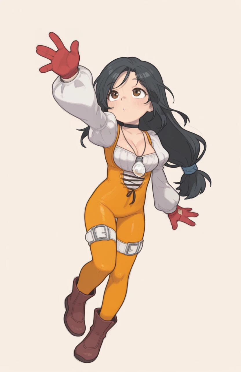 masterpiece, best quality, 1girl, solo, simple background,
<lora:PossumMachine_v2:0.9> possmach, traditional media, colored pencil \(medium\), graphite \(medium\),
reaching upward, one hand raised, one hand relaxed, looking up, eye visible, detailed hands, full body, dynamic pose, hopeful expression,
<lora:ffgarnet-illu-nvwls-v1_1:1> ffixgarnet, black hair, brown eyes, low-tied long hair, pendant, black choker, orange bodysuit, cross-laced bodysuit, cleavage, white shirt, puffy sleeves, white sleeves, red gloves, thigh strap, brown boots