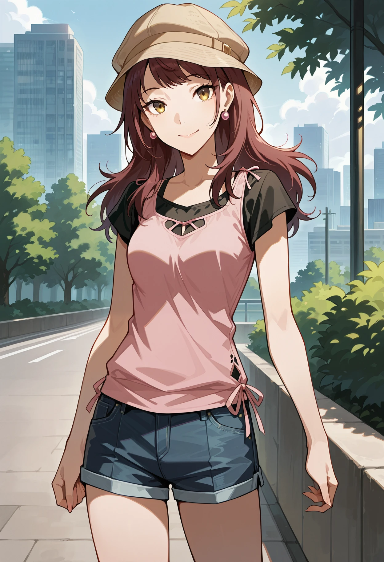 (masterwork, masterpiece, best quality, hyper-detailed),
1 girl, solo,
p4rise, kujikawa rise, long hair, brown hair, earrings
p4rise-sumcas2, alternate hairstyle, hair down, hat, casual, t-shirt, black t-shirt, tank top, pink tank top, layered shirt, shorts, blue shorts, denim shorts,
outdoors, cityscape, trees, greenery, standing, looking at viewer, smile,