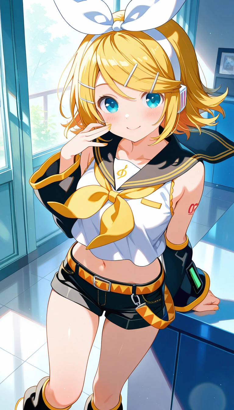(masterpiece),best quality,amazing quality,very aesthetic,absurdres,newest,perfect body,shiny skin,perfect eyes,detail1eye,well-defined fingers,well-defined fingernails,anime style,indoors,1girl,solo,cowboy shot,upper body,(portrait:1.5),looking at viewer,facing viewer,smile,blush,Qp Flapper style,kagamine rin,short hair,blonde hair,floating hair,white hairband,hair bow,white bow,hairclip,swept bangs,blue eyes,collarbone,bare shoulders,black sailor collar,white shirt,sleeveless shirt,crop top,midriff,yellow neckerchief,black sleeves,detached sleeves,medium breasts,navel,stomach,orange belt,fringe,short shorts,black shorts,leg warmers,white footwear,<lora:Kagamine Rin(voc)-Illus-Remake:1.6>,<lora:Qp Flapper[style]-Illus:1.6>,