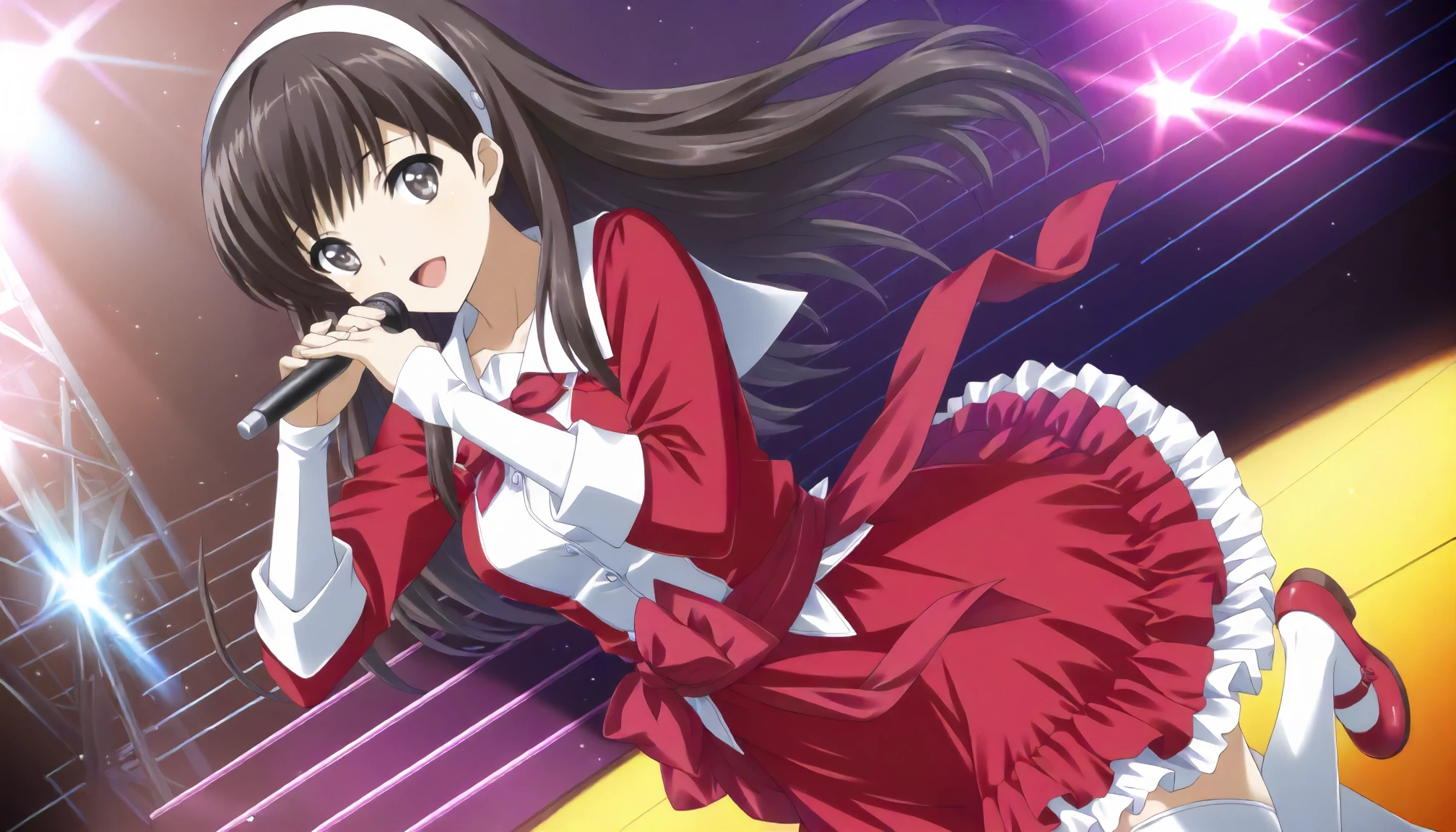 <lora:WA_morikawa_yukiXLIllustrious001>,
masterpiece,best quality,good quality,newest,
outdoors,day,
smile,open mouth,
looking at viewer,
solo,
anime coloring,
morikawa_yuki\(white_album\),1girl,black brown hair,long hair,black brown eyes,
white hair band,
red and white jacket,red bow tie,layered sleeves,sleeves past wrists,
red sash,waist ribbon,red skirt,frilled_skirt,
white_thighhighs,
red mary janes,
stage,microphone,singing,dancing,