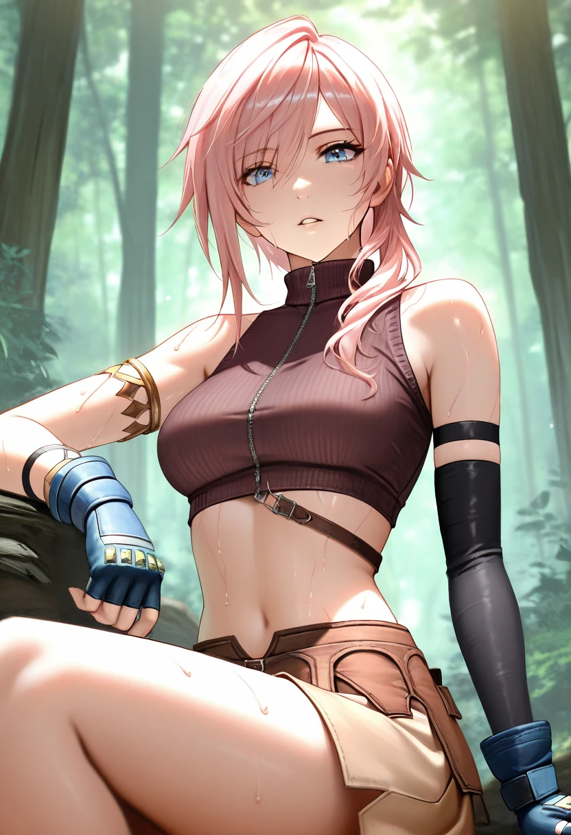 masterpiece, best quality, newest, absurdres, highres , <lora:LightningFFXIIIiLLUSTRIOUS:1>,LGHTFARN, pink hair, asymmetrical hair, hair over shoulder, blue eyes, turtleneck, brown skirt, midriff, sitting, forest, asymmetrical sleeves, single black sleeve, armlet, fingerless gloves, sweat, looking at viewer, parted lips, zipper,