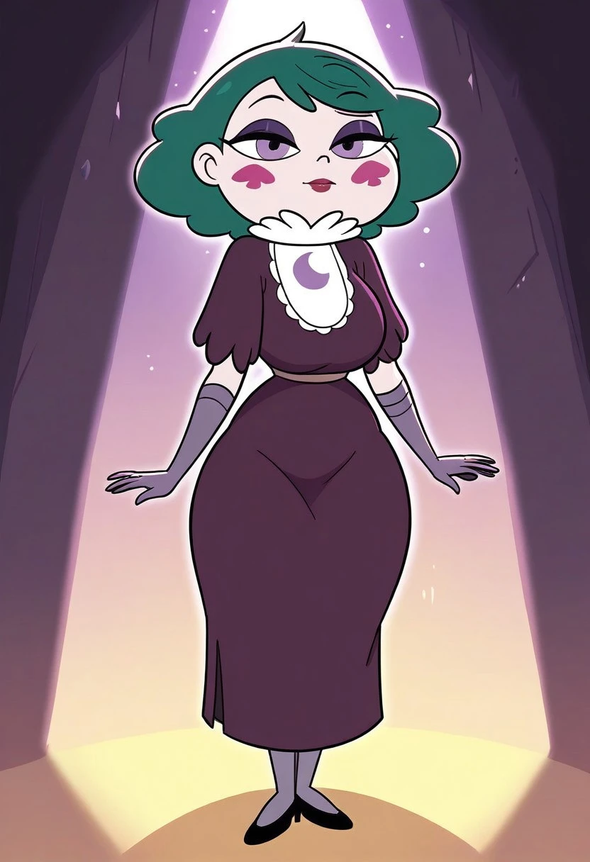 masterpiece:1.5), (best quality:1.5), (amazing quality:1.4), (soft lighting:1.3), (detailed shading:1.3), (bold outlines:1.3), (warm glow:1.3), atmospheric lighting, 1girl, solo, Eclipsa, green hair, short hair, purple eyes, makeup, purple eye shadow, gloves, dark purple dress, lipstick, face markings, facing viewer, breasts, thick, full body, cartoon, source_cartoon
