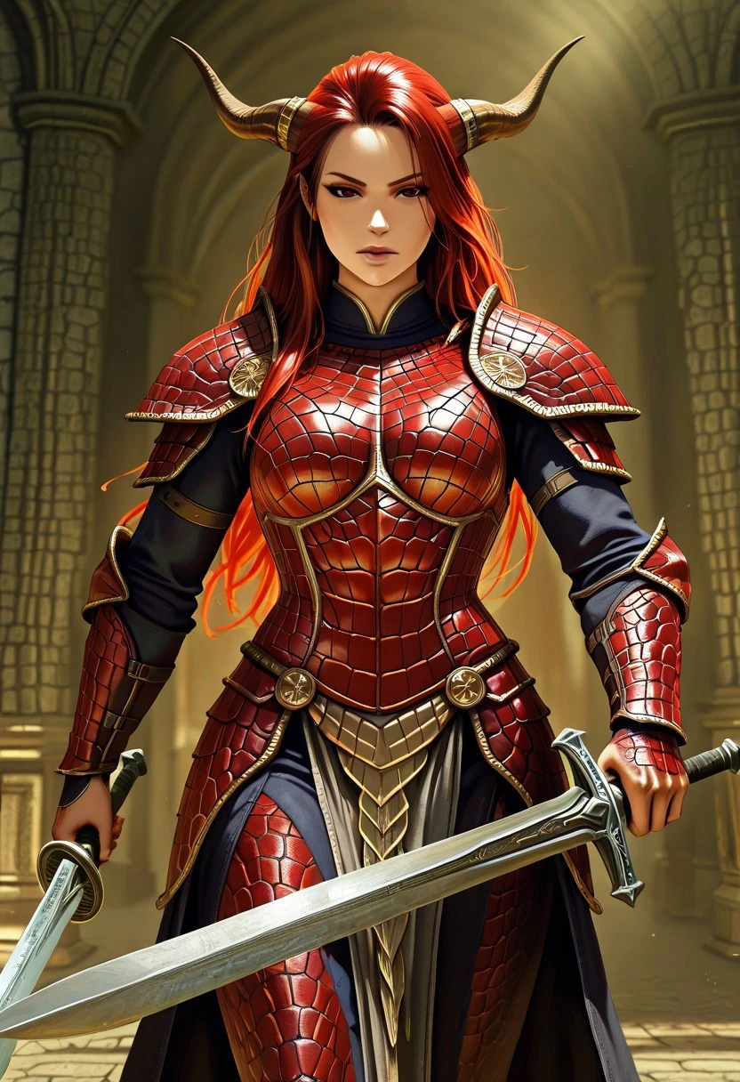 A powerful red humanoid female dragon warrior, her skin is textured like crocodile hide, detailed scales and rugged texture, she wears ornate armor with dragon-scale patterns, wielding a massive sword, her expression is fierce and determined, a dynamic action pose, a fantasy setting with volcanic landscapes, volumetric lighting, high detail, realistic rendering, a blend of beauty and strength, masterpiece, digital art