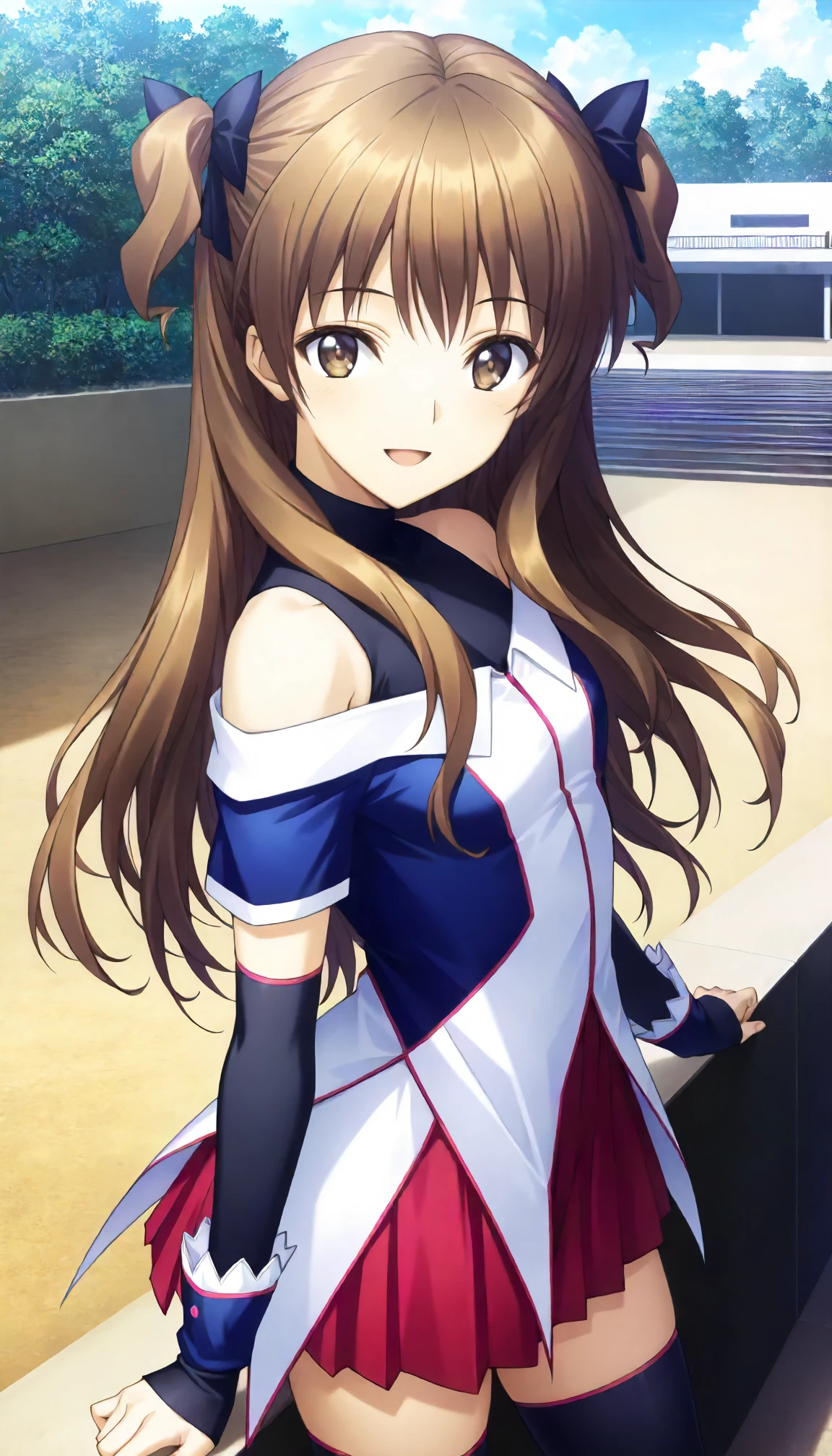<lora:WA_ogata_rinaXLIllustrious001>,
masterpiece,best quality,good quality,newest,
outdoors,day,
smile,open mouth,
looking at viewer,
solo,
anime coloring,
ogata_rina\(white_album\),1girl,brown hair,long hair,two-side up,hair ribbon,brown eyes,
stage costume,blue and white jacket,off-shoulder,short_sleeves,bare shoulders,detached sleeves,black sleeves,blue cuffs,sleeves past wrists,
red skirt,pleated_skirt,
black_thighhighs,