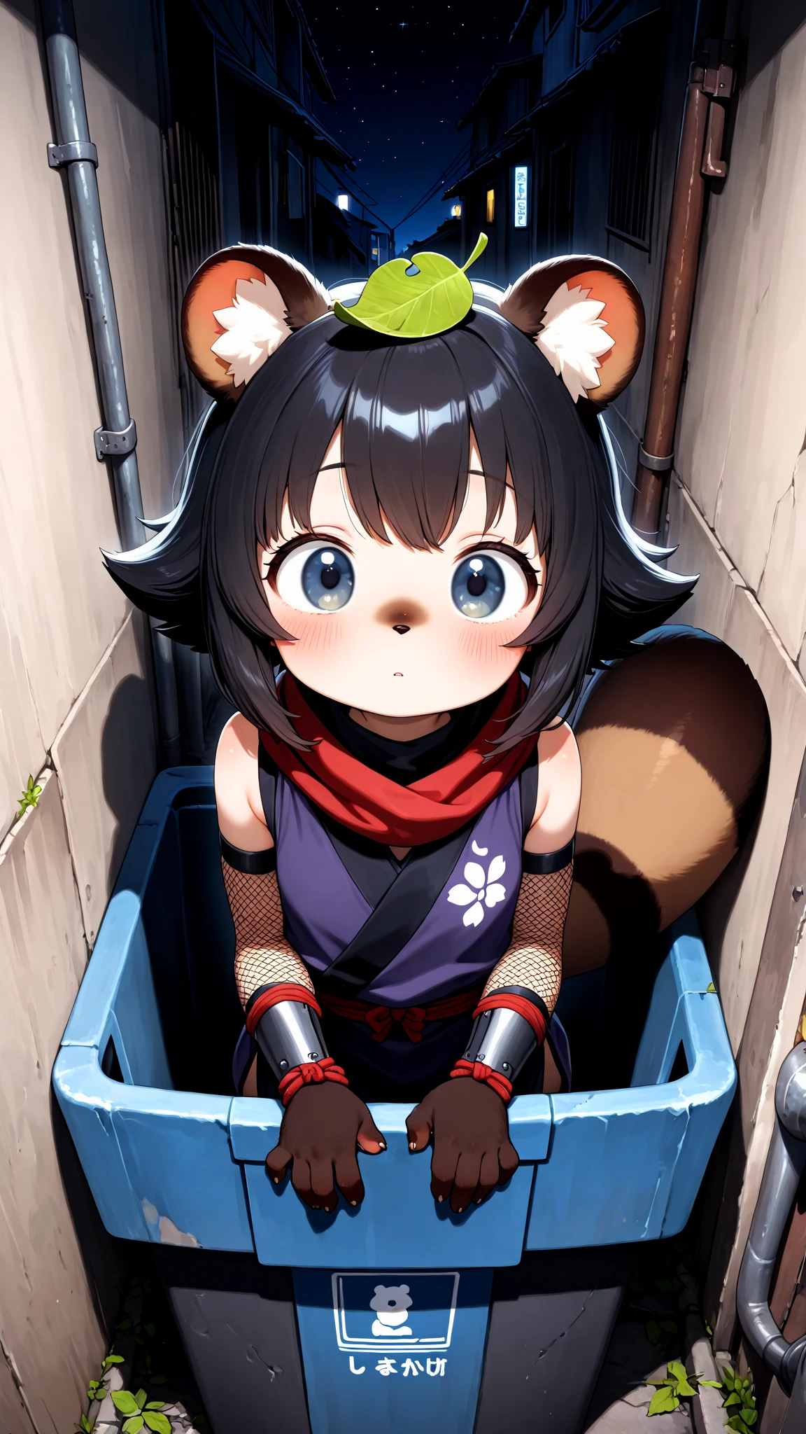 1girl,,ninja,Hiding in the trash can,animal ears,hiding,furry,tanuki girl,alley,flipped hair,(dark night sky:1.2),body fur,tail,leaf on head,black hair,animal ear fluff,upper body,from above,looking at viewer,masterpiece,best quality,amazing quality,veryaesthetic,absurdres,newest,