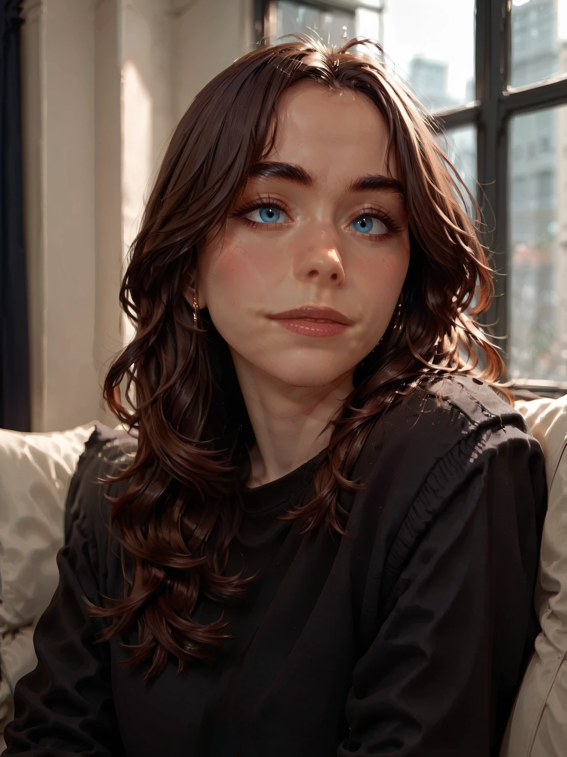 rating_safe, score_9, score_8_up, score_7_up, 1girl, solo, brown hair, blue eyes, <lora:Sarah_Desjardins_-_Pony:1> s_desjardins, t-shirt, sweater