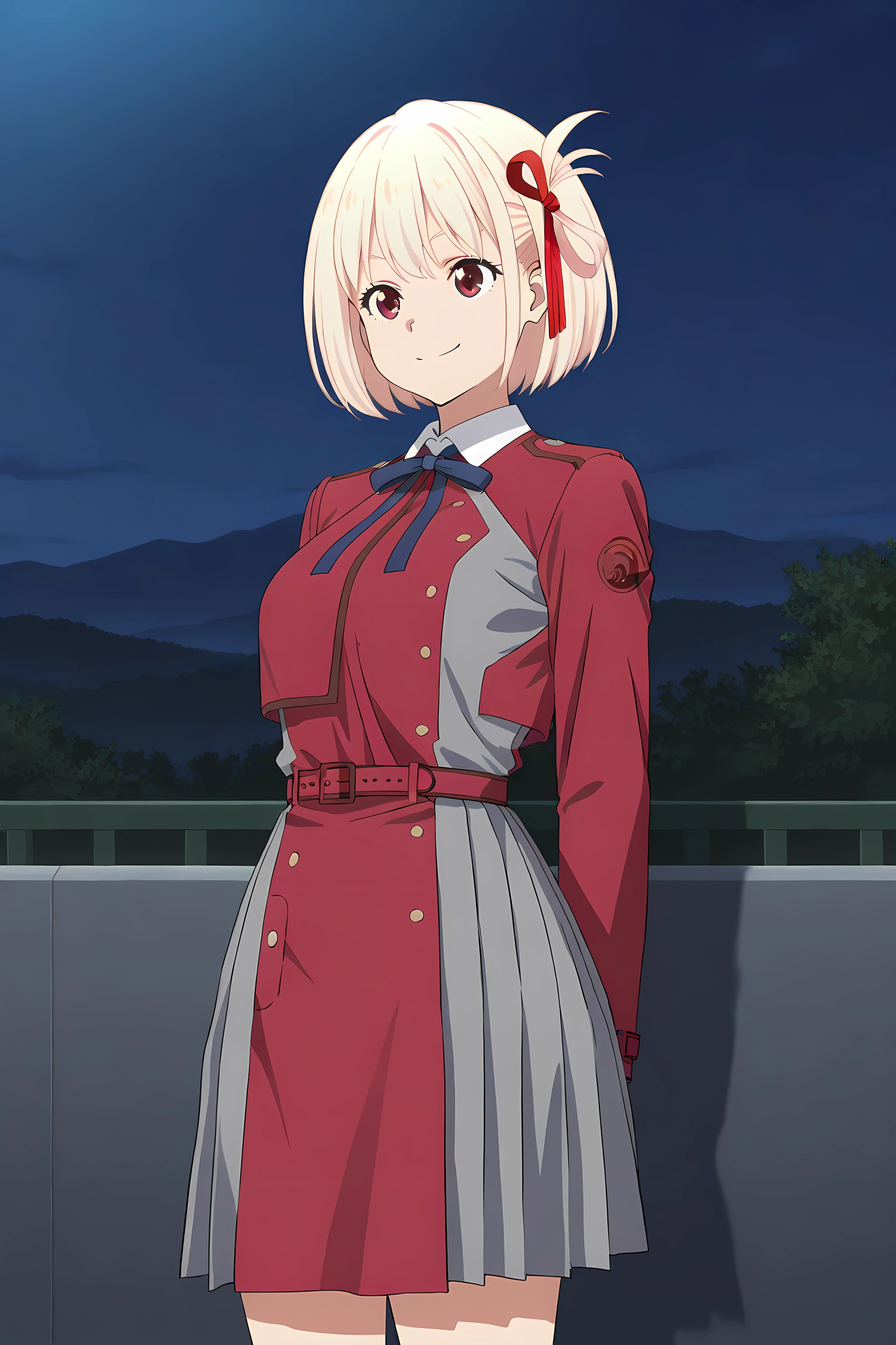 chisato-nishikigi(aniver), baseoutfit, 1girl, lycoris uniform, solo, blonde hair, red eyes, ribbon, two-tone dress, red ribbon, dress, grey dress, short hair, pleated dress, hair ribbon, red belt, red dress, bangs, smile, cowboy shot, indoor, night, <lora:ChisatoNishikigi-LycorisRecoil-ILXL:1>, (masterpiece),(best quality),(ultra-detailed),(best illustration),(best shadow),(absurdres),(detailed background),(very aesthetic),