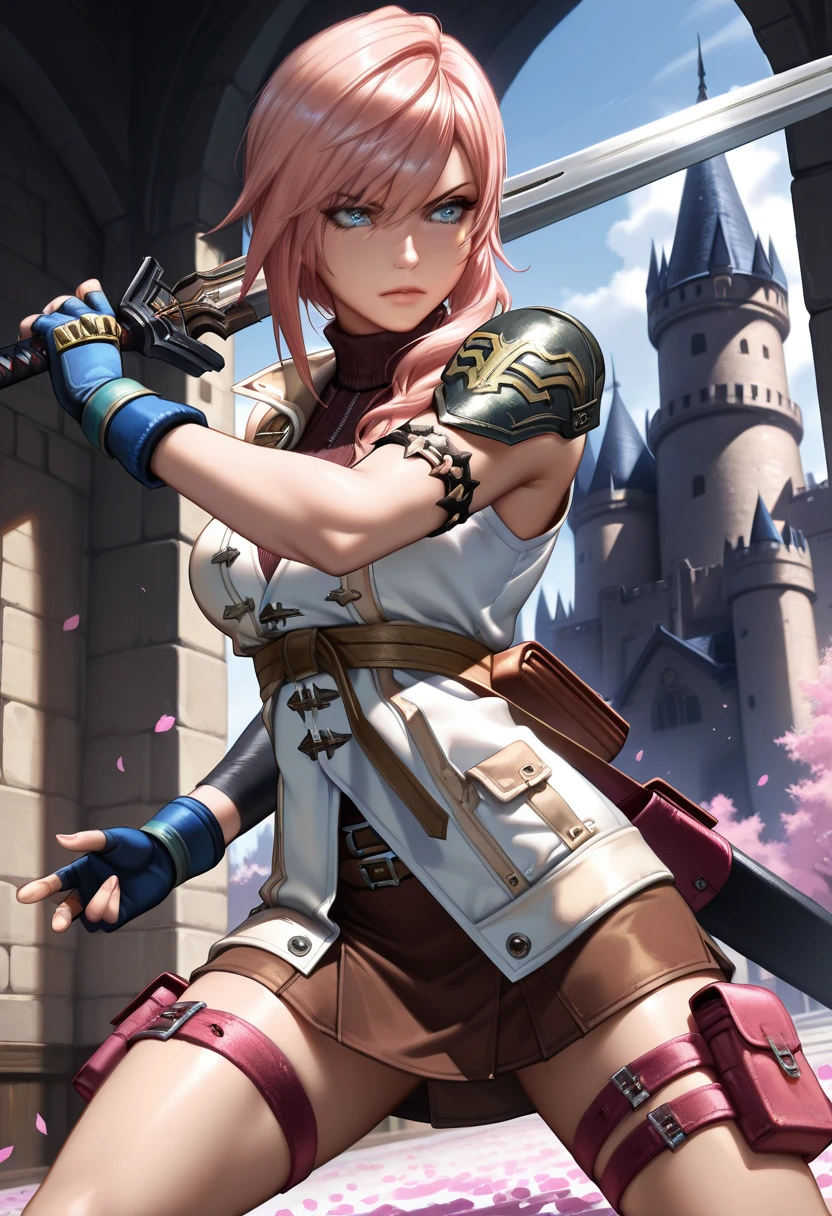 masterpiece, best quality, newest, absurdres, highres , <lora:LightningFFXIIIiLLUSTRIOUS:1>,LGHTFARN, pink hair, asymmetrical hair, hair over shoulder, blue eyes, sleeveless jacket, turtleneck, shoulder armor, brown skirt, asymmetrical sleeves, single black sleeve, armlet,fingerless gloves, thigh pouch, fighting stance, sword, holding weapon, pink petals, castle, indoors, 1girl, solo, close-up,