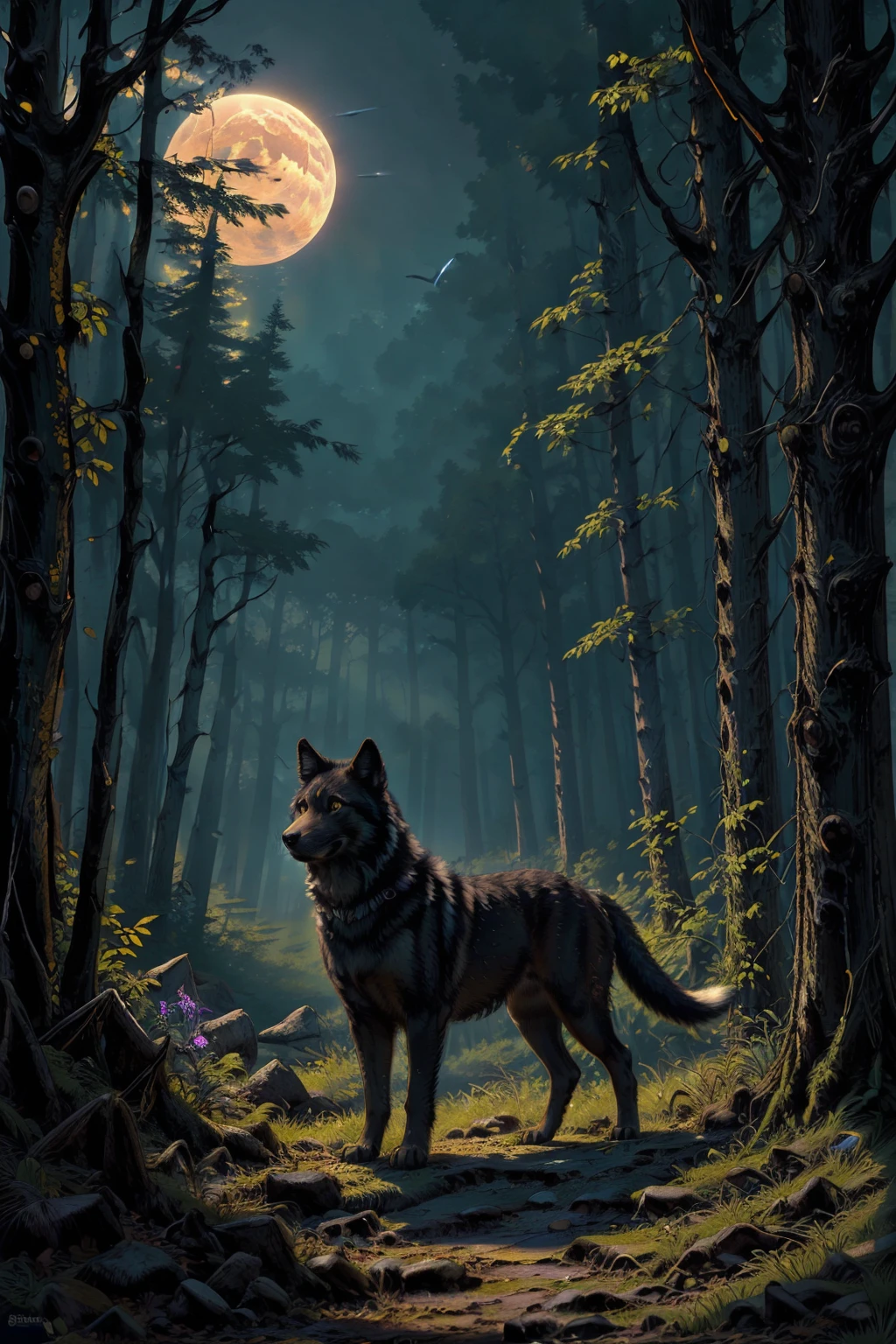 A majestic black wolf with luminous, piercing eyes stands at the edge of an ancient, mist-covered forest. Its thick fur shimmers under the soft glow of the moon, reflecting the silver hues of the night sky. The air is heavy with the scent of earth and mystery, as bioluminescent fireflies dance around, casting an eerie yet mesmerizing glow. Beyond the trees, the ruins of a forgotten kingdom lay crumbled, entwined with natureâs relentless embrace. The scene unfolds in a breathtaking blend of wilderness and lost history, where the whispers of the past echo through the rustling leaves and the call of nocturnal creatures. Dark fantasy, intricate and detailed illustrations, mythic realism, adventure, and atmospheric storytelling <lora:sd_neosigma2_LoRA:1> , illustration neosigma2 style