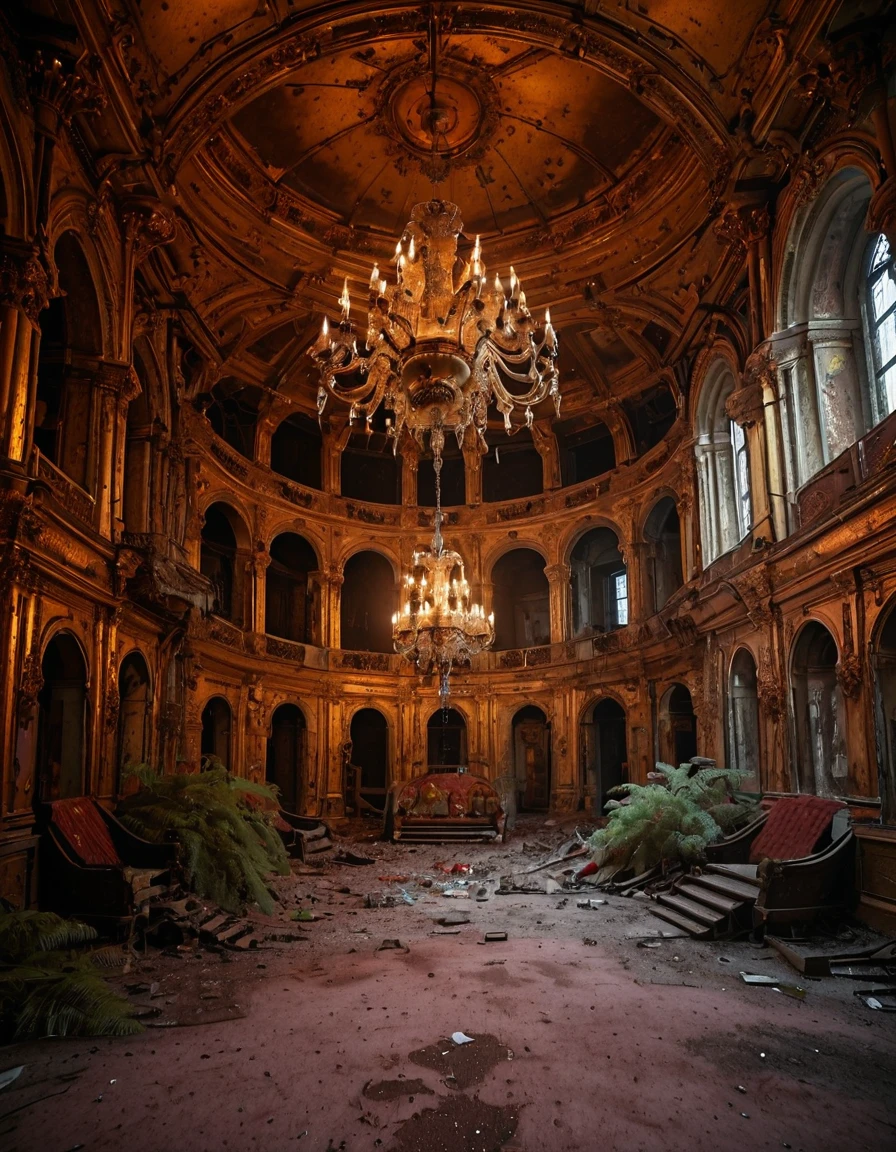 <lora:City_Worlds_02__Lost_-_Opera:1> cw02lost, cyberpunk, abandoned church, abandoned opera room, gold, medieval, baroque, rich hanging chandelier, neons, vegetation
