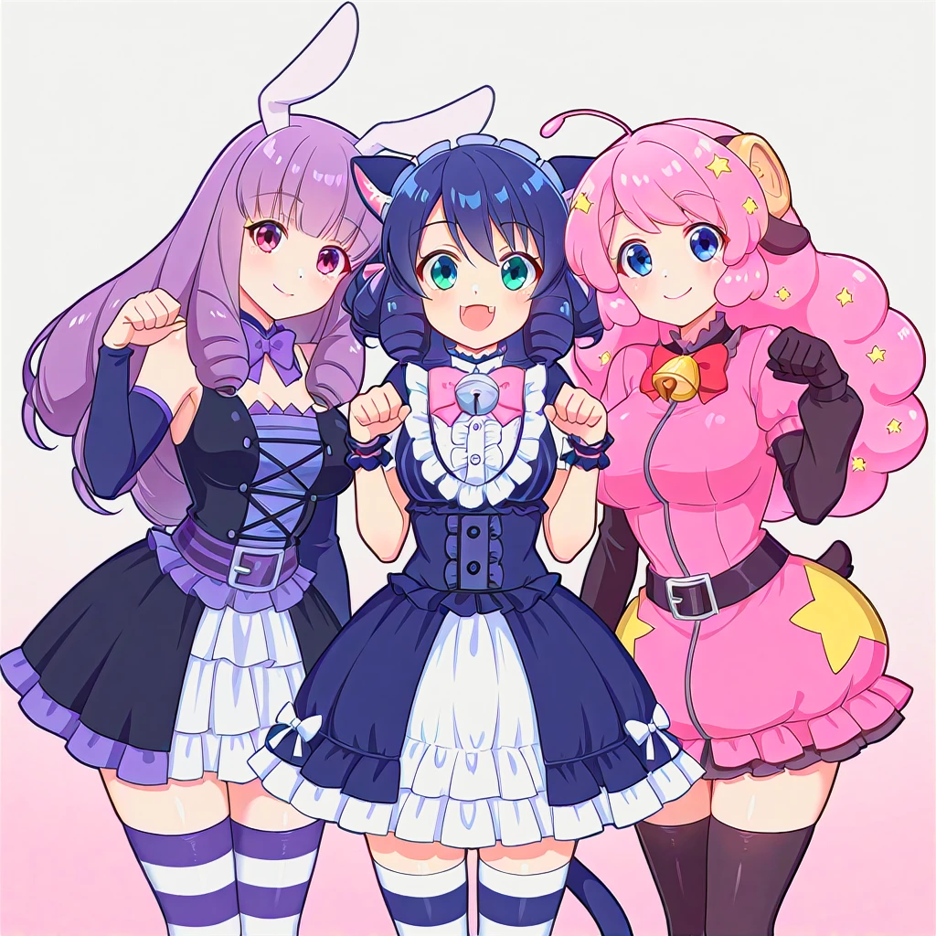 masterpiece, best quality, contorapposto, [photo background::0.5] BREAK 3girls, side-by-side, animal girl, sb69cyan, fesalive outfit, sb69moa, moa outfit, sb69chuchu, chuchu outfit, paw pose, smile, open mouth, closed mouth, simple background, gradient background, <lora:plasmagica_v2-000017:1>