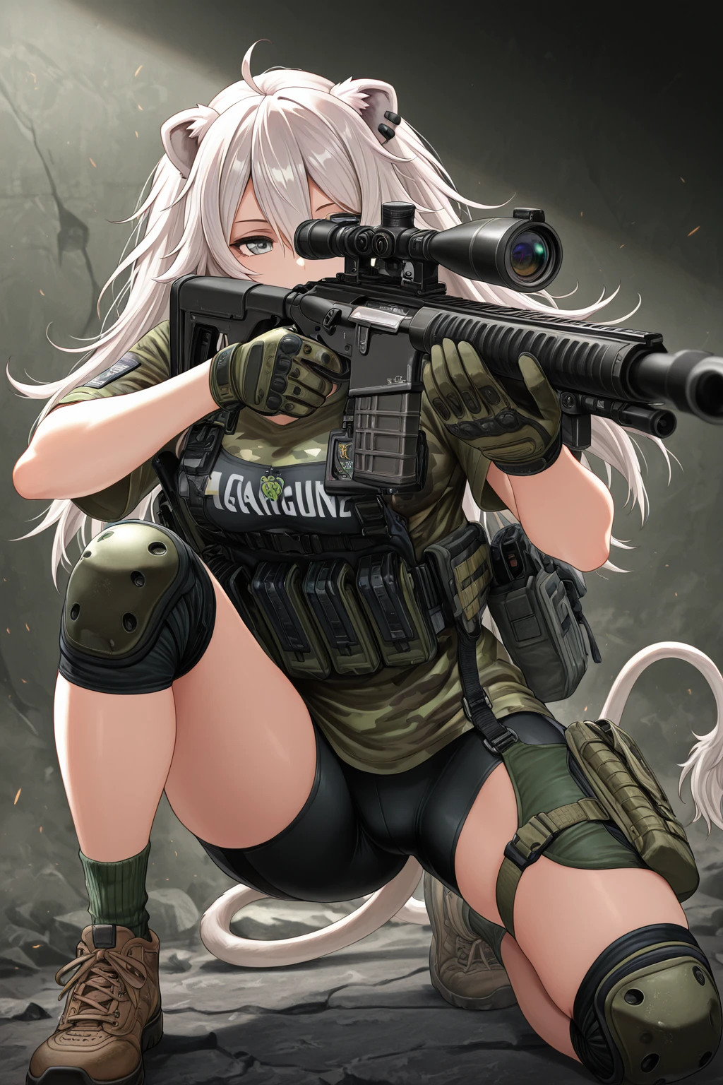 1girl, solo, shishiro botan, combat shirt, bike shorts, green knee pads, loose green gaiters, gloves, brown shoes, tactical gear aiming, rifle, scope
,masterpiece,best quality,amazing quality,
