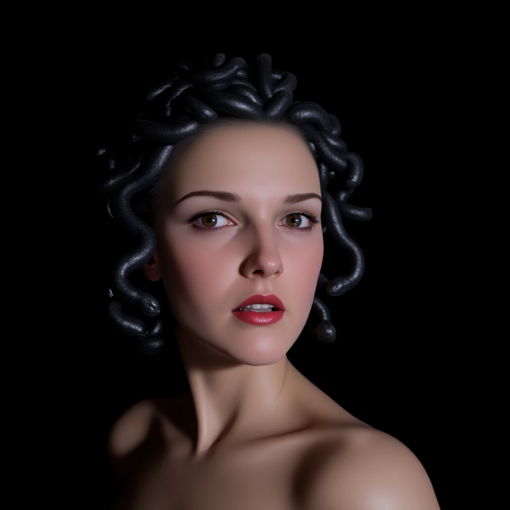 UHD, 4k, ultra detailed, cinematic, a photograph of <lora:cinematic Medusa style v1:0.9>
cinematic style, Medusa a nude grey eyes young woman with a snake head and a snake on her head In Greek mythology, Medusa, also called Gorgo, a human female with living venomous snakes in place of hair, 1female, solo, looking at viewer, blue eyes, collarbone, parted lips, teeth, lips, monster girl, portrait, realistic, dreadlocks, snake hair, open mouth, black hair, tongue, bare shoulders, slit pupils, forehead, earrings, black background, photorealistic, epic, beautiful lighting, inpsiring