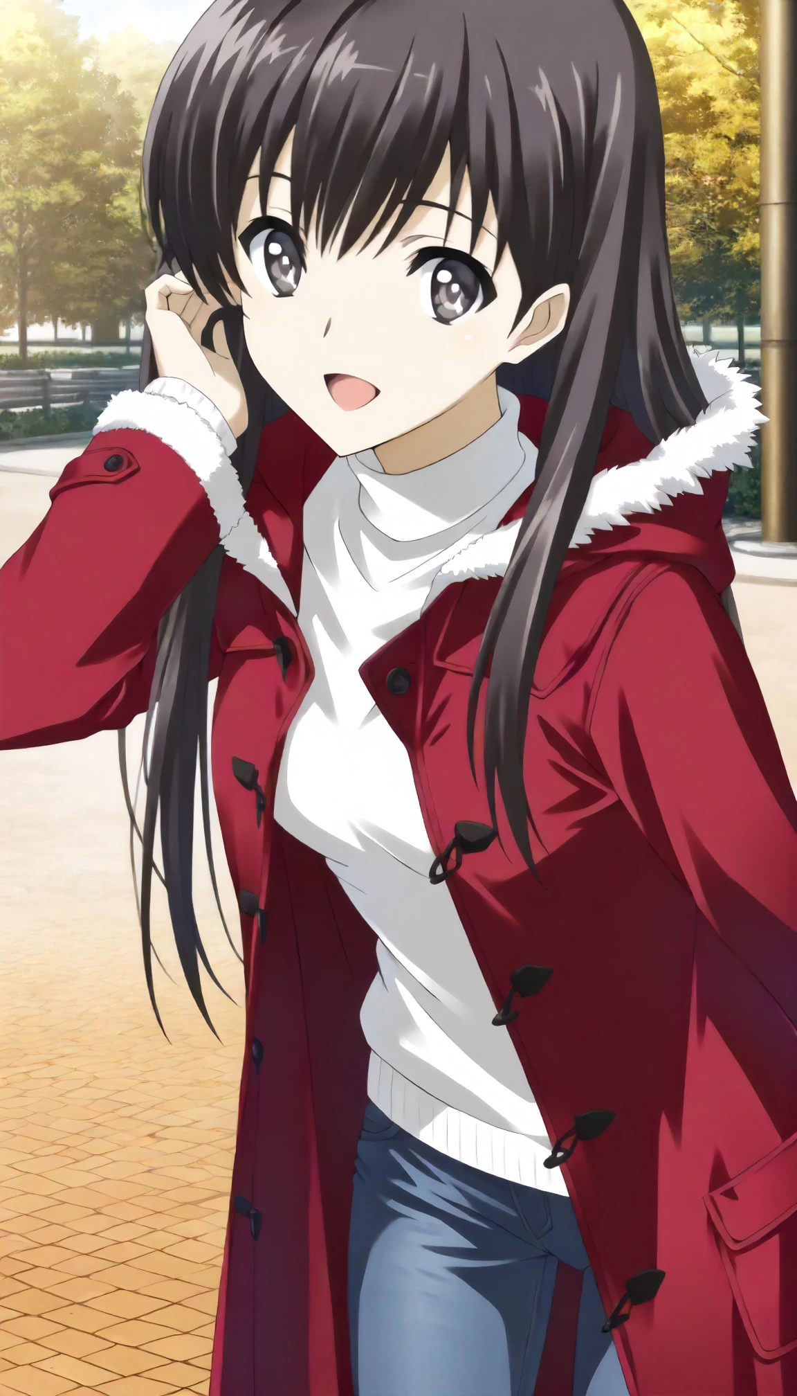 <lora:WA_morikawa_yukiXLIllustrious001>,
masterpiece,best quality,good quality,newest,
outdoors,day,
smile,open mouth,
looking at viewer,
solo,
anime coloring,
morikawa_yuki\(white_album\),1girl,black brown hair,long hair,black brown eyes,
red coat,fur trim,duffel_coat,white sweater,
jeans pants,