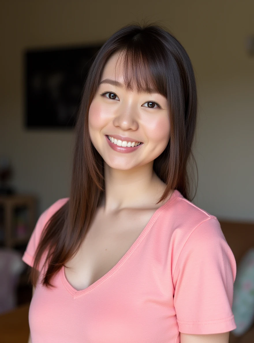 RAW photo of a1k4yum3n0 woman, wearing a pink tshirt, in a living room, detailed face, natural lighting, highly detailed, absurdres, smile happy