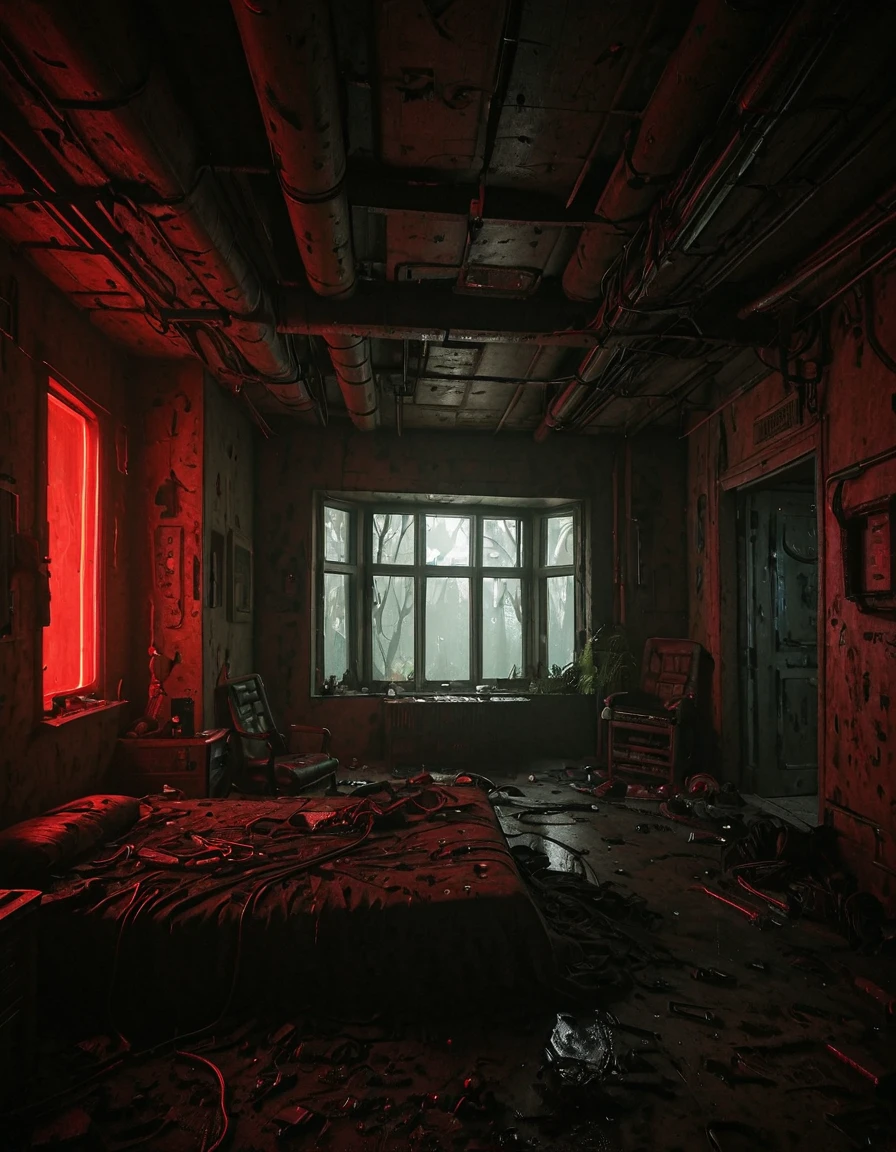 <lora:City_Worlds_02__Lost_-_Office:1> cw02lost, abandonned room, window, vegetation, wet