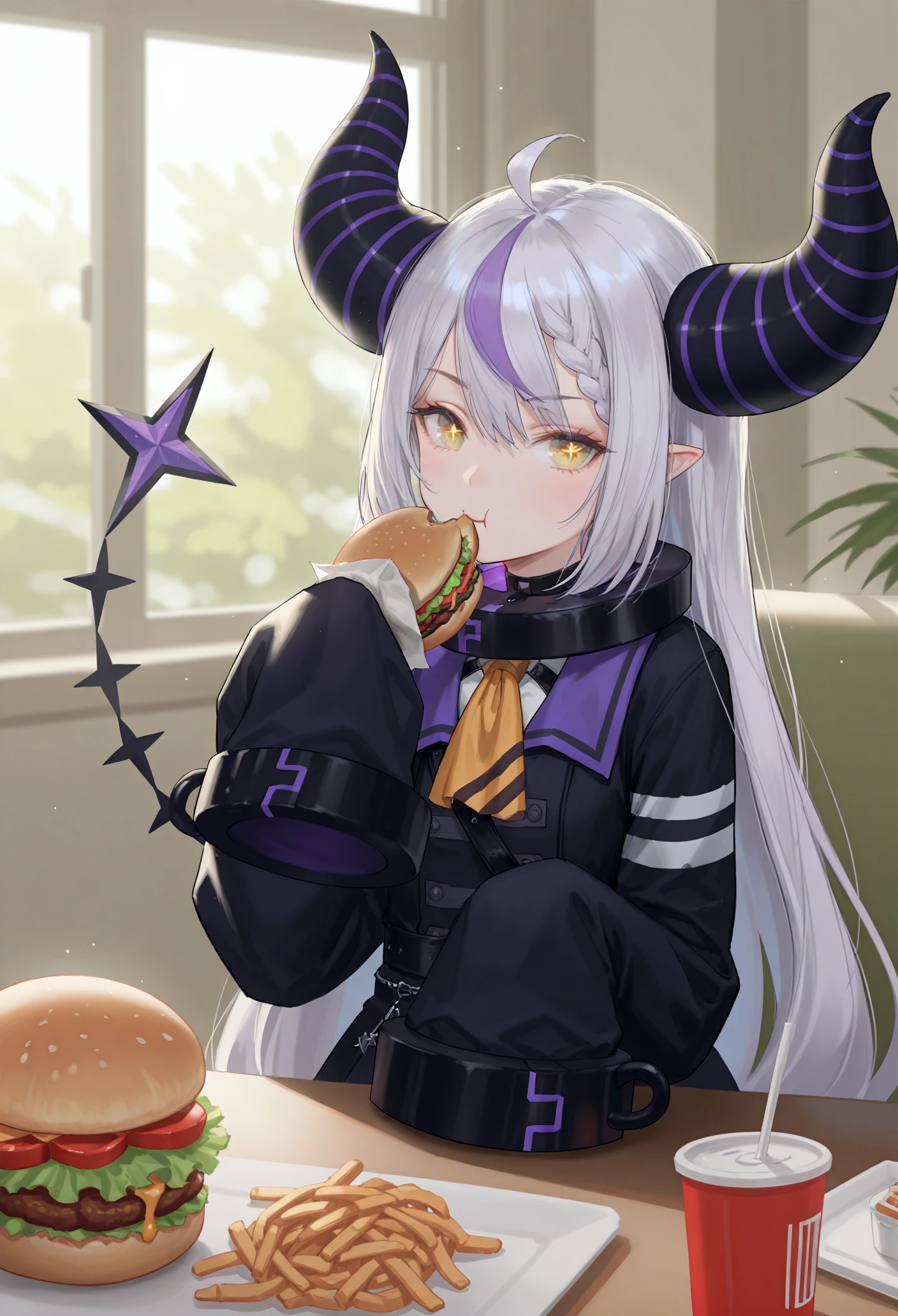 (masterpiece, best quality, ultra detailed), (detailed background, complex background:1.2), (perfect face, detailed face), full-face blush, <lora:GoodHands-vanilla:1>
<lora:aura-10:0.8>, aura, ((horns)), long hair, braid, gloves, twin braids, elbow gloves, navel, black gloves, cleavage, navel cutout, clothing cutout, skirt, bare shoulders, large breasts ,purple hair,
<lora:apuspill:0.7> apuspill, food, solo focus,tears, cup, shadow, parody, wavy mouth,tearing up, meme, disposable cup, spill, french fries, tripping