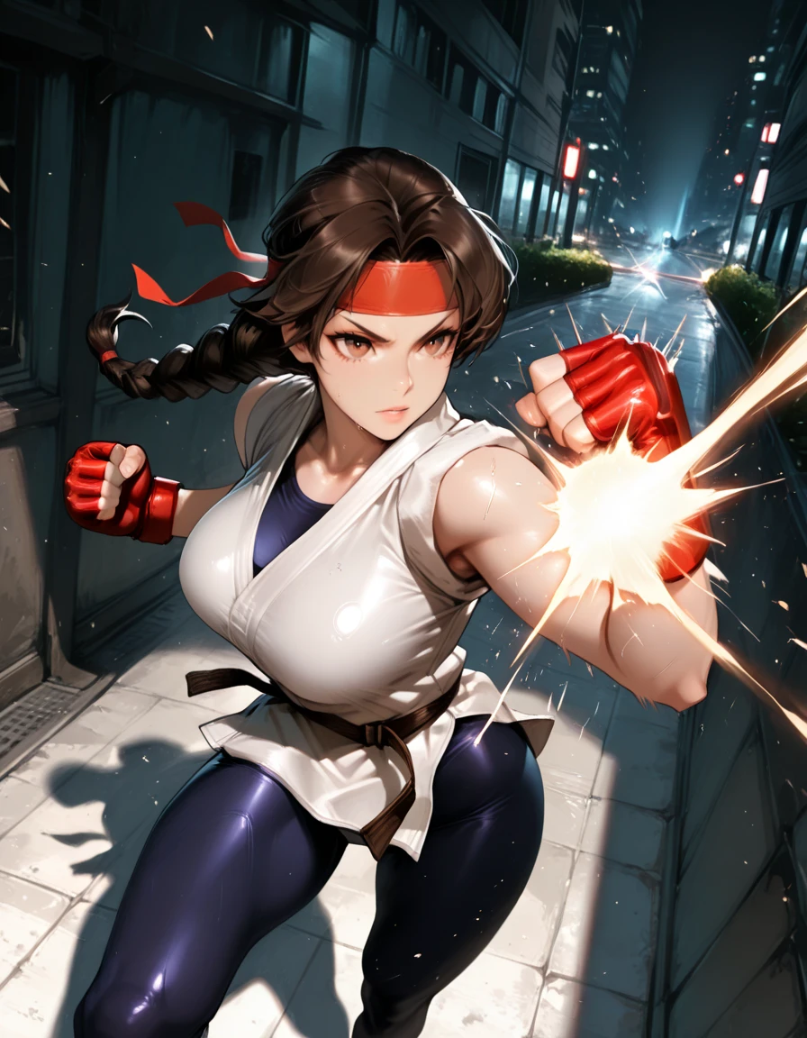 masterpiece, best quality, 1girl, solo, absurdres,
large breasts,
ysakazaki,
brown hair, brown eyes, single braid,
dougi, spandex, headband, fingerless gloves,
mature female,
from above , ducking low, dodging a punch, sharp concentration, action blur effect, ,
attack, fighting stance,
city,
glowing, light particles,
blurry background,
embedding:SmoothQuality,