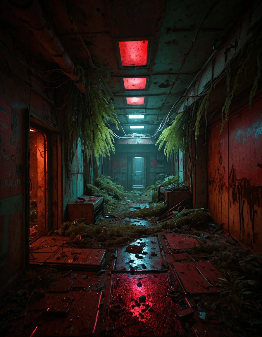 <lora:City_Worlds_02__Lost_-_Opera:1> cw02lost, cyberpunk, abandoned room, messy, crackled, wet, vegetation, dark, baroque, gold,
