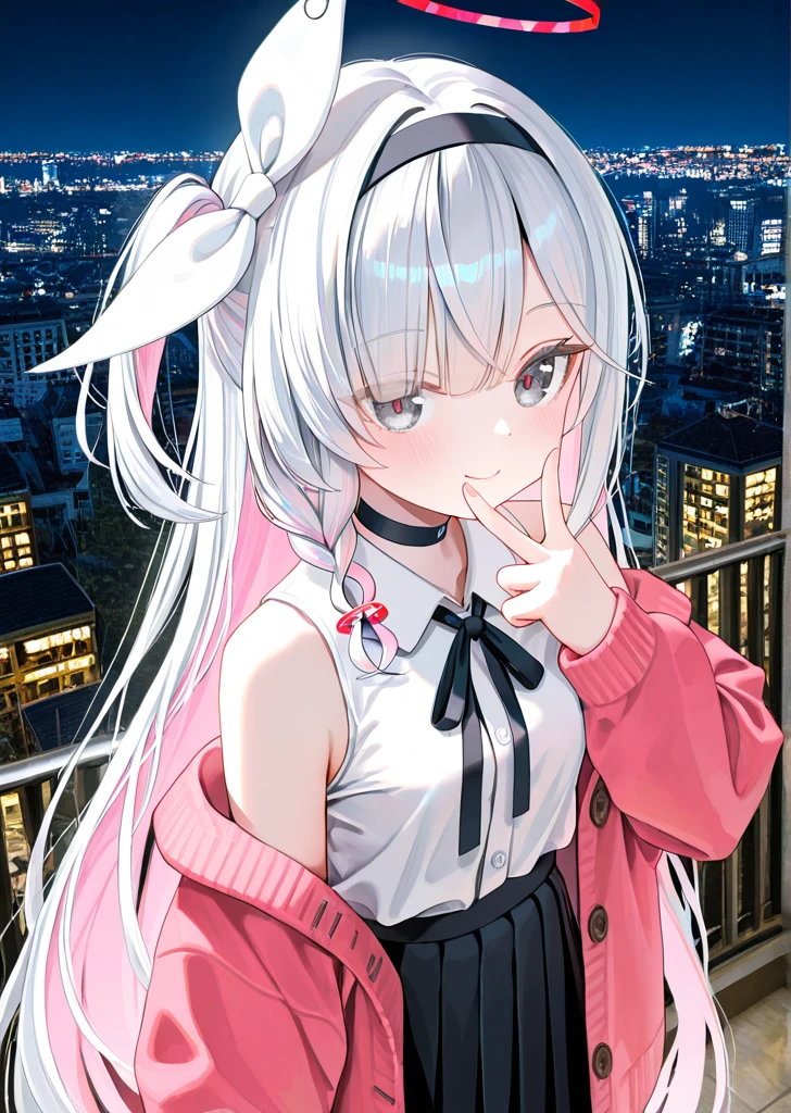 from above, plana (blue archive), (artist:gurande (g-size):0.75), (artist:ningen_mame:0.9),(artist:sho_(sho_lwlw):0.9),(artist:rhasta:0.9),(artist:wlop:0.7),(artist:ke-ta:0.6),(fkey:0.5),(fuzichoco:0.6),artist:chen bin,(hyouuma:0.85), 1girl, red halo, solo, halo, long hair, shirt, black skirt, miniskirt, white shirt, black hairband, colored inner hair, pleated skirt, sleeveless shirt, closed mouth, black eyes, white hair, looking at viewer, multicolored hair, sleeveless, hairband, blush, pink hair, long sleeves, black choker, alternate costume, smile, open clothes, pink halo, jacket, grey eyes, collared shirt, choker, braid, pink jacket, pink cardigan, bare shoulders, simple background, grey hair, single braid, off shoulder, ribbon, black ribbon, heart, open jacket, one side up, breasts, two-tone hair, neck ribbon, v, upper body, cardigan, buttons, v over mouth, red pupils, (fine fabric emphasis:1.2),photo background,night,city below,
,masterpiece,best quality,amazing quality,