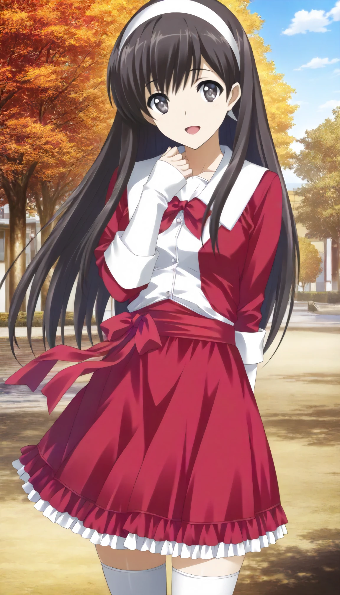 <lora:WA_morikawa_yukiXLIllustrious001>,
masterpiece,best quality,good quality,newest,
outdoors,day,
smile,open mouth,
looking at viewer,
solo,
anime coloring,
morikawa_yuki\(white_album\),1girl,black brown hair,long hair,black brown eyes,
white hair band,
red and white jacket,red bow tie,layered sleeves,sleeves past wrists,
red sash,waist ribbon,red skirt,frilled_skirt,
white_thighhighs,