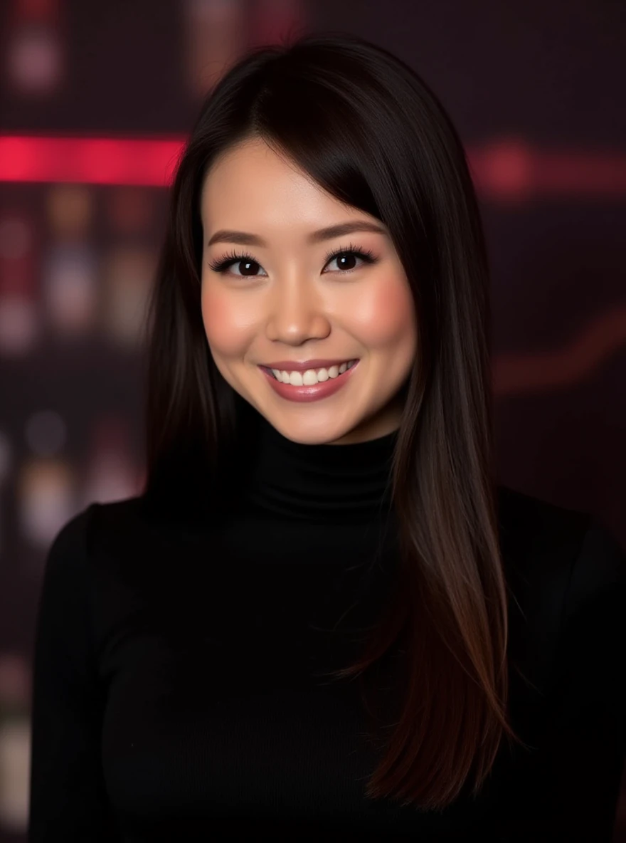 Portrait photo of a1k4yum3n0 woman, black turtleneck blouse, in a night club, makeup, smile