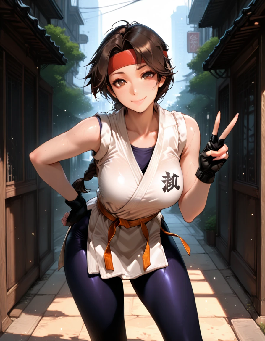 masterpiece, best quality, 1girl, solo, absurdres,
large breasts,
ysakazaki,
brown hair, brown eyes, single braid,
dougi, spandex, headband, fingerless gloves,
mature female,
straight on , standing, V, smile, hand on hip, contrappasto, leaning forward,sleeveless,
wind,
city,
glowing, light particles,
blurry background,
embedding:SmoothQuality,